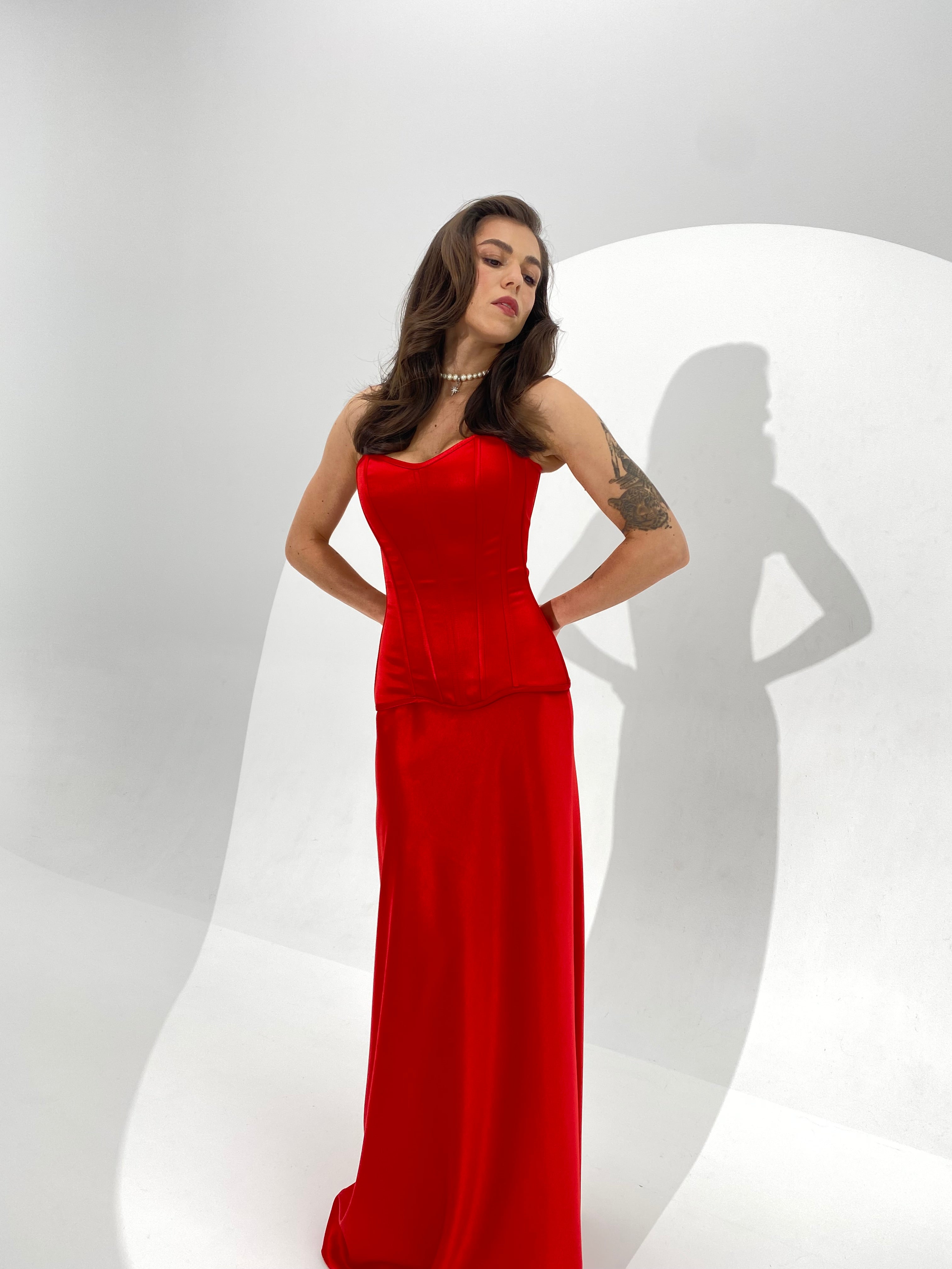 Red Silk Satin Corset Set with Maxi Skirt – Boned Lace-Up Corset & Elegant High-Waist Evening Skirt