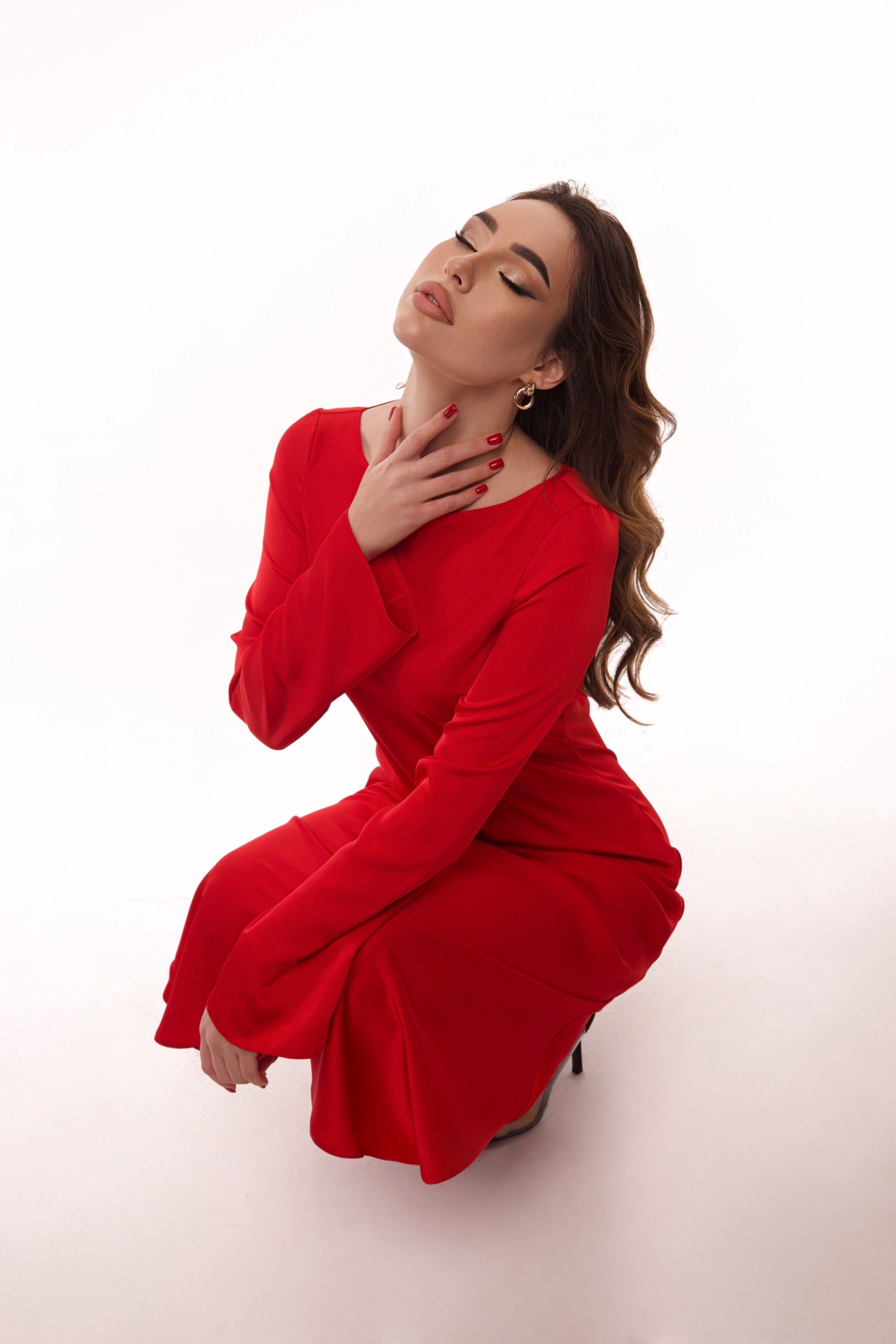 Red Italian Satin Maxi Dress — Long Sleeve — Custom Size