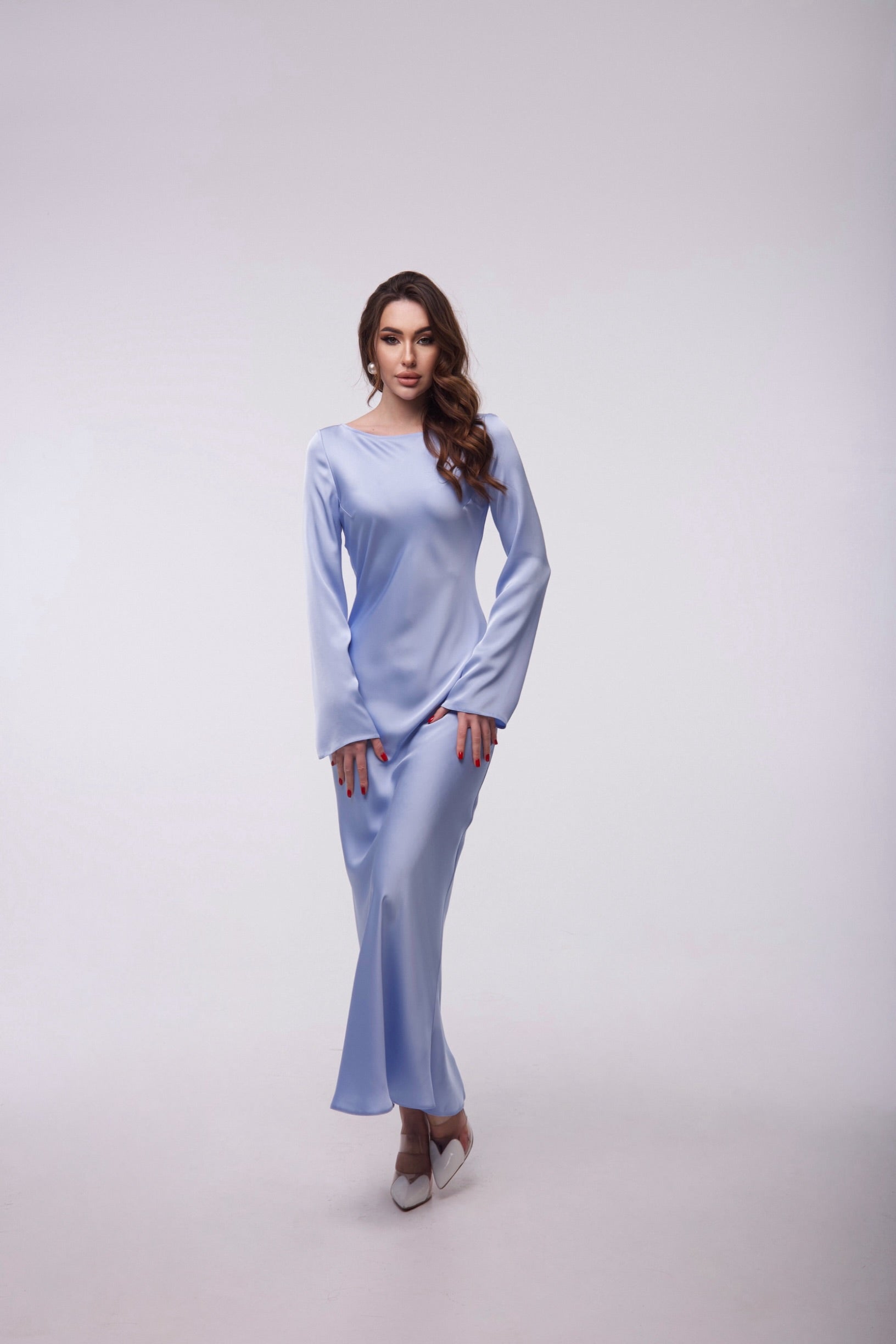 Sky Blue Italian Satin Maxi Dress — Long Sleeve Elegant Evening Dress — Custom Size