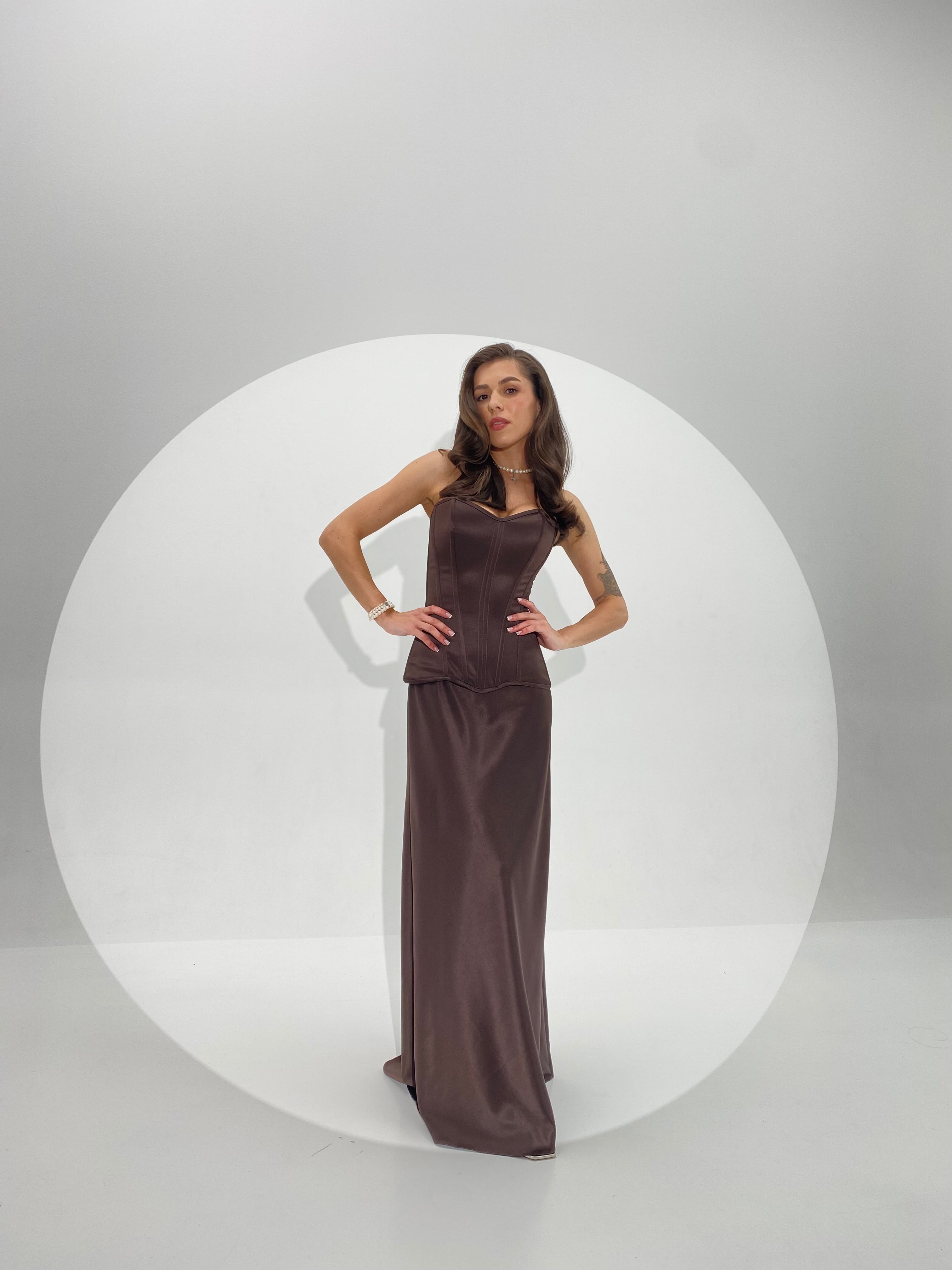 The Power of the Corset Silhouette: Chocolate Brown Satin Maxi Dress