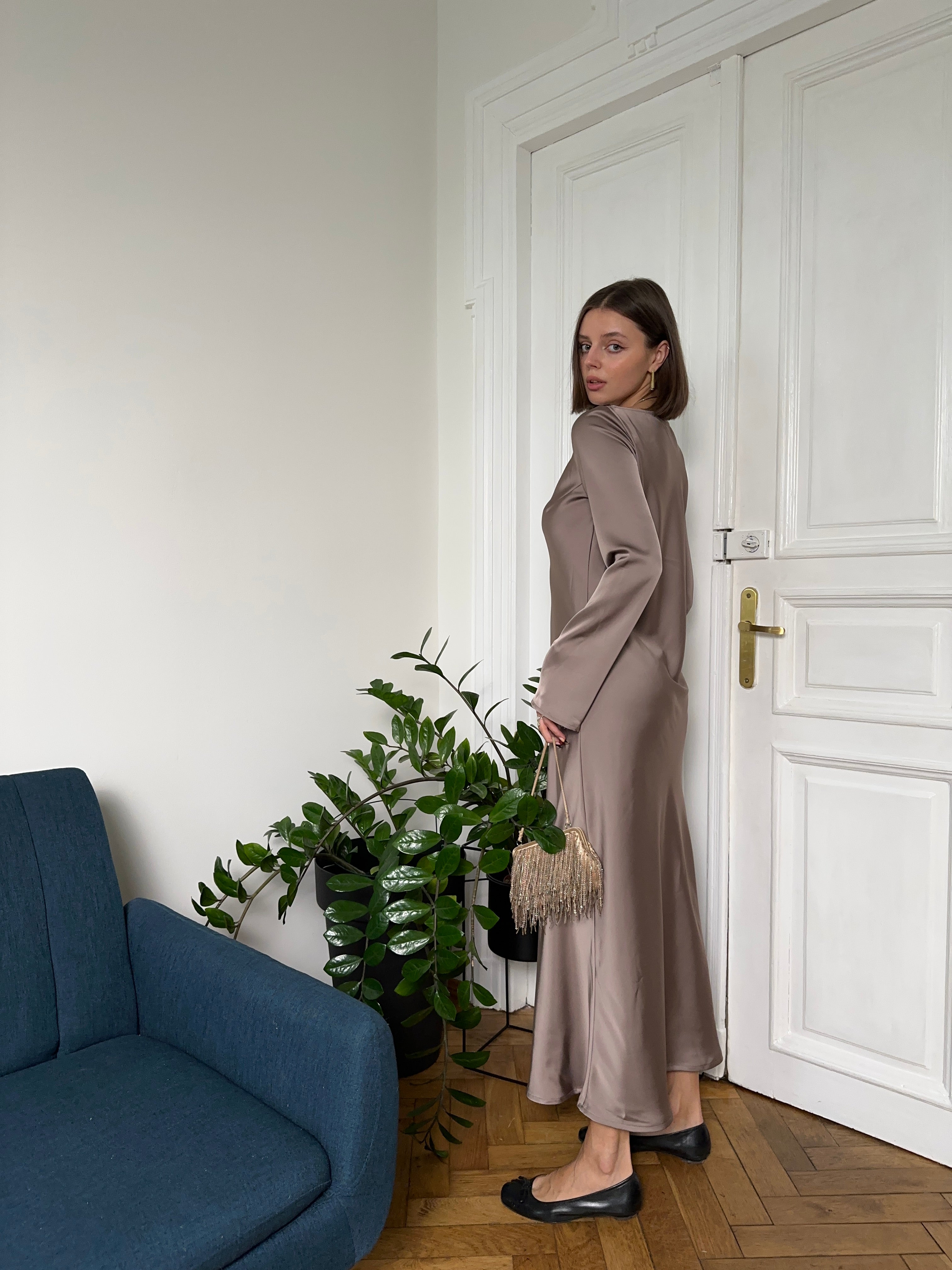 Mocha Italian Satin Maxi Dress — Long Sleeve | Custom Size