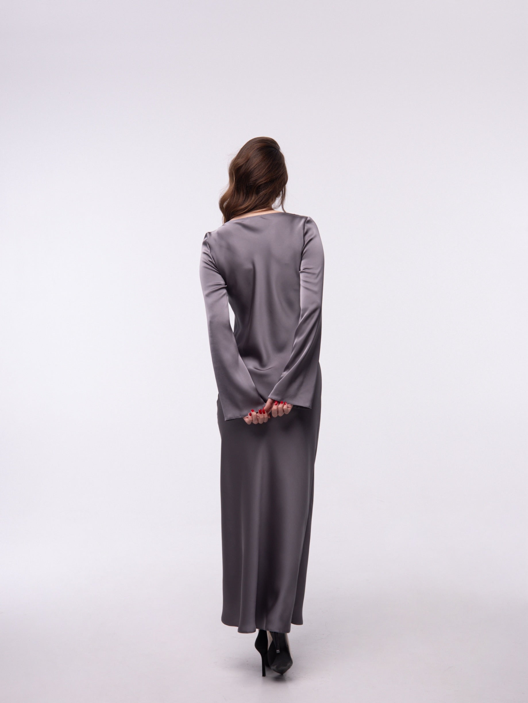 Silver Italian Satin Maxi Dress — Long Sleeve Elegant Evening Dress — Custom Size Satin Gown