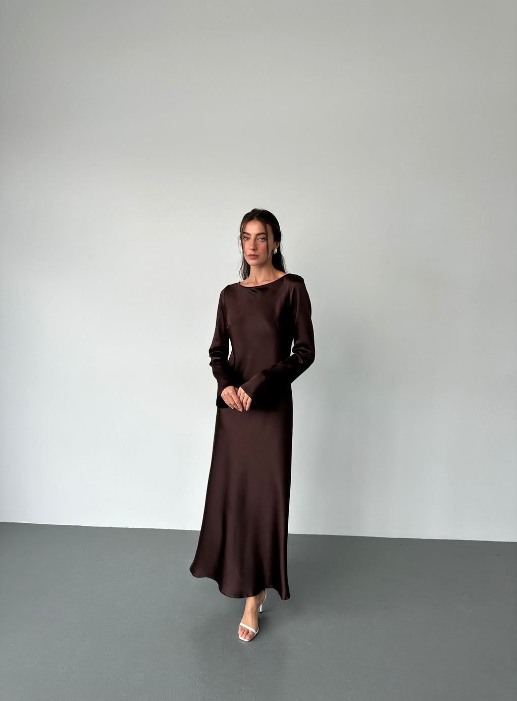 Italian Satin Maxi Dress Long Sleeve • Custom Size • Chocolate Brown