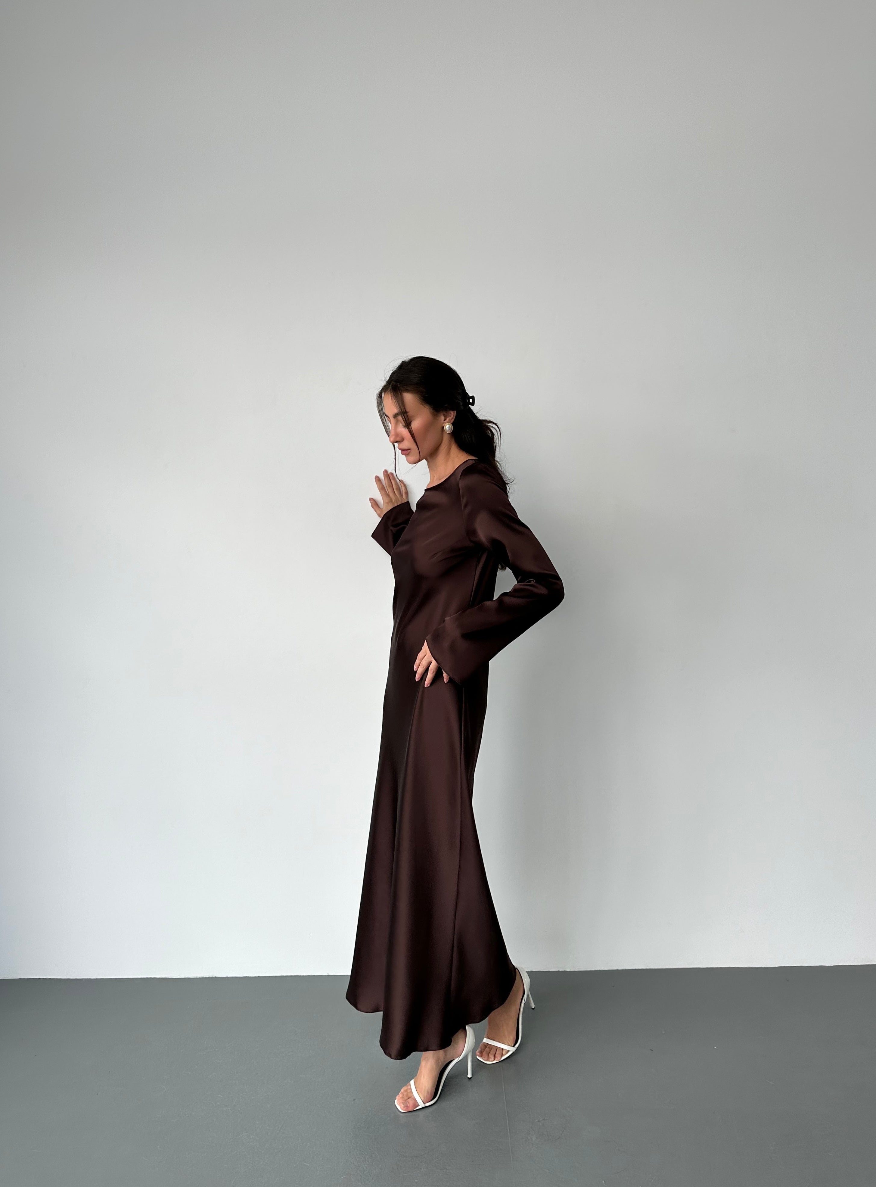 Italian Satin Maxi Dress Long Sleeve • Custom Size • Chocolate Brown