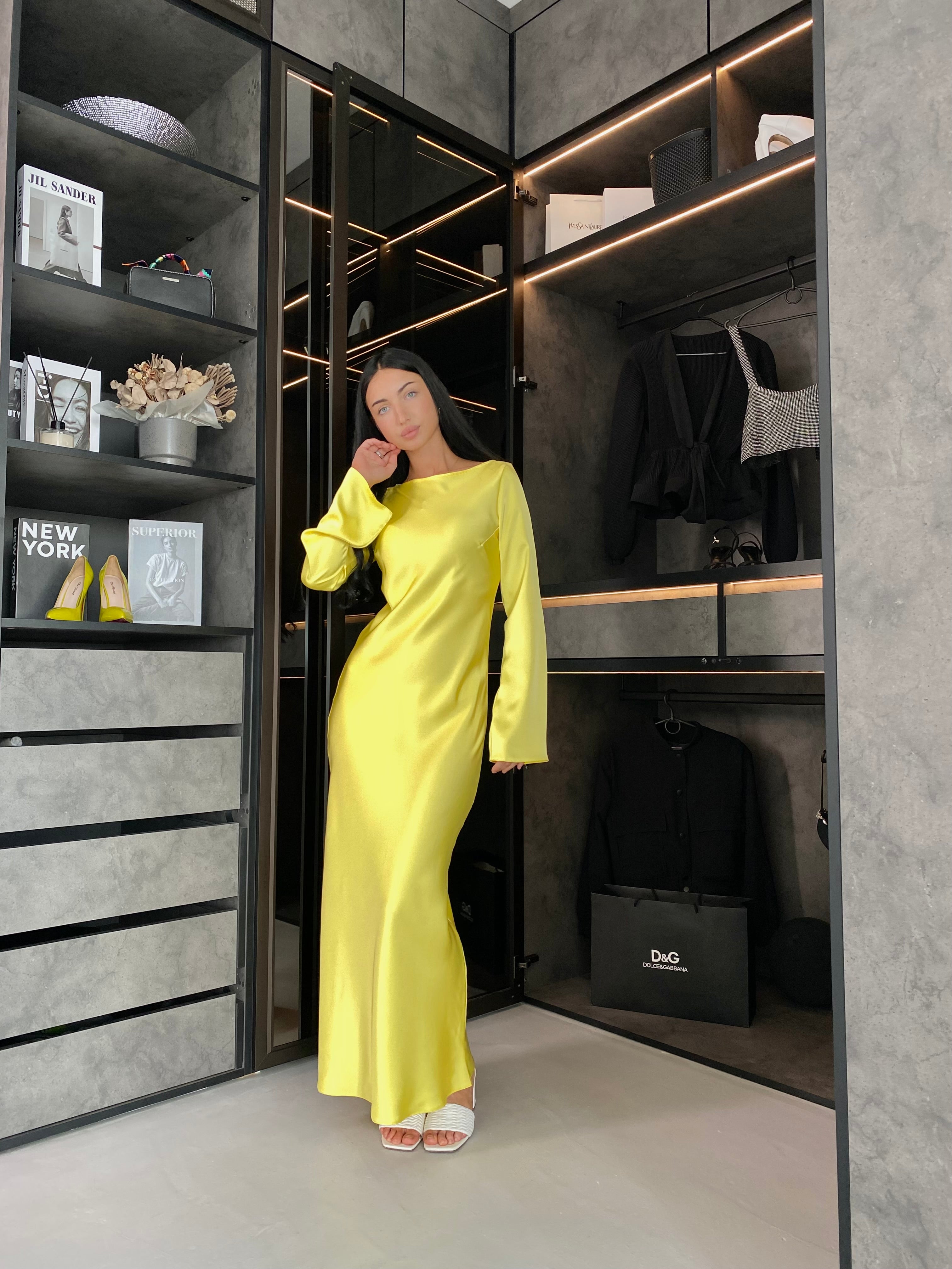 Yellow Italian Satin Maxi Dress — Long Sleeve Elegant Dress | DiGrosu
