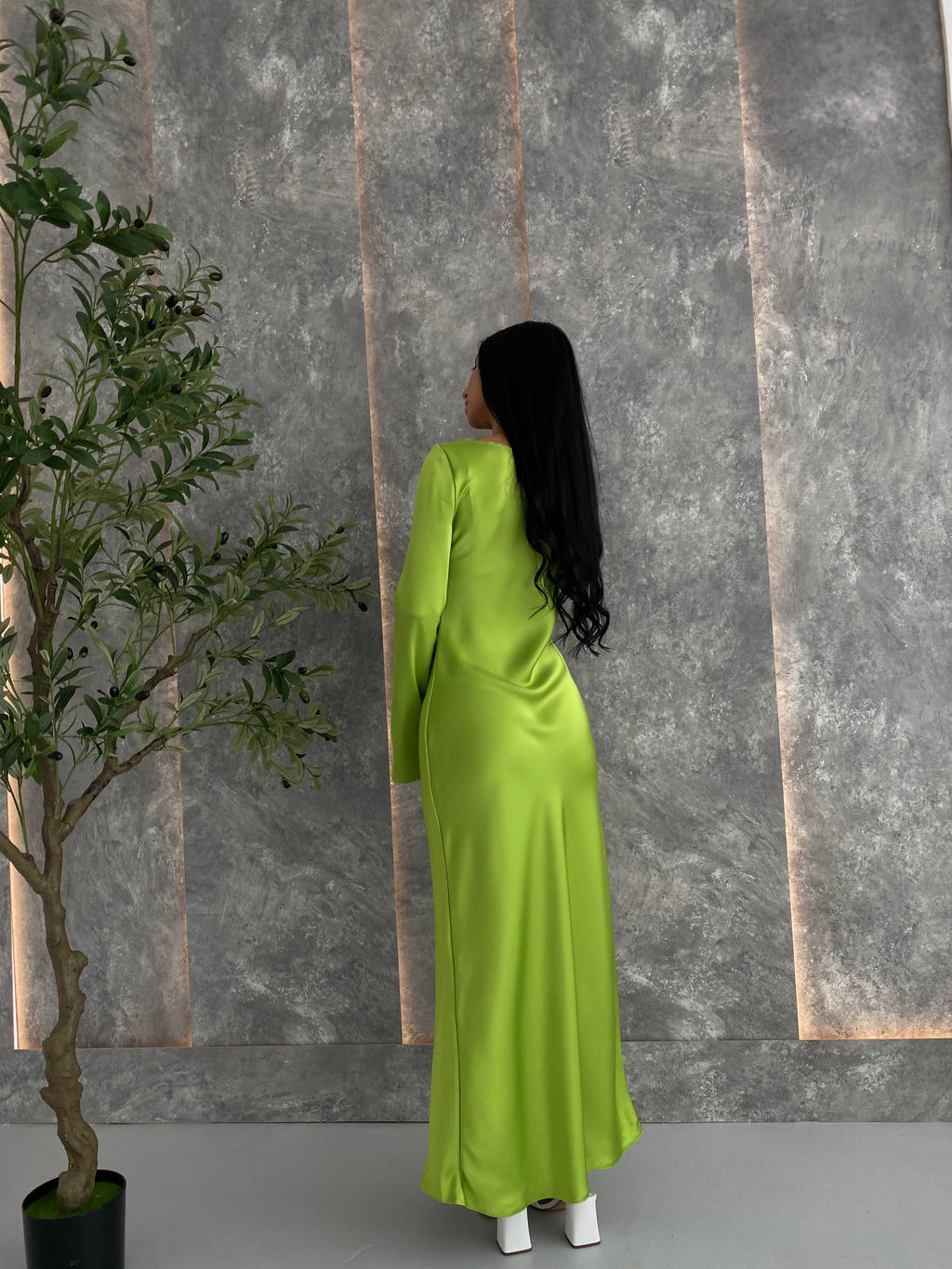 Apple Green Italian Satin Maxi Dress — Long Sleeve Elegant Dress — Custom Size Available | DiGrosu
