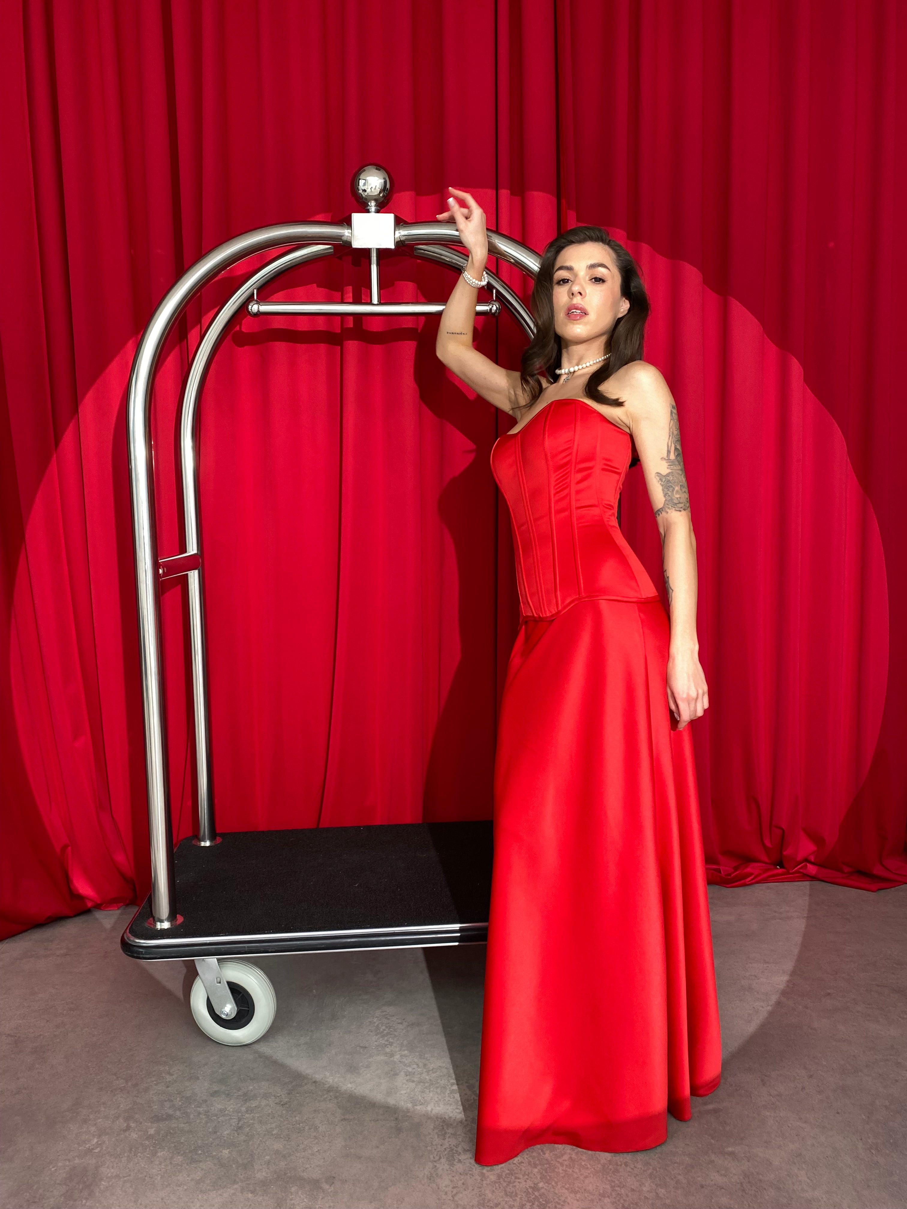 Red Silk Satin Corset Set with Maxi Skirt – Boned Lace-Up Corset & Elegant High-Waist Evening Skirt