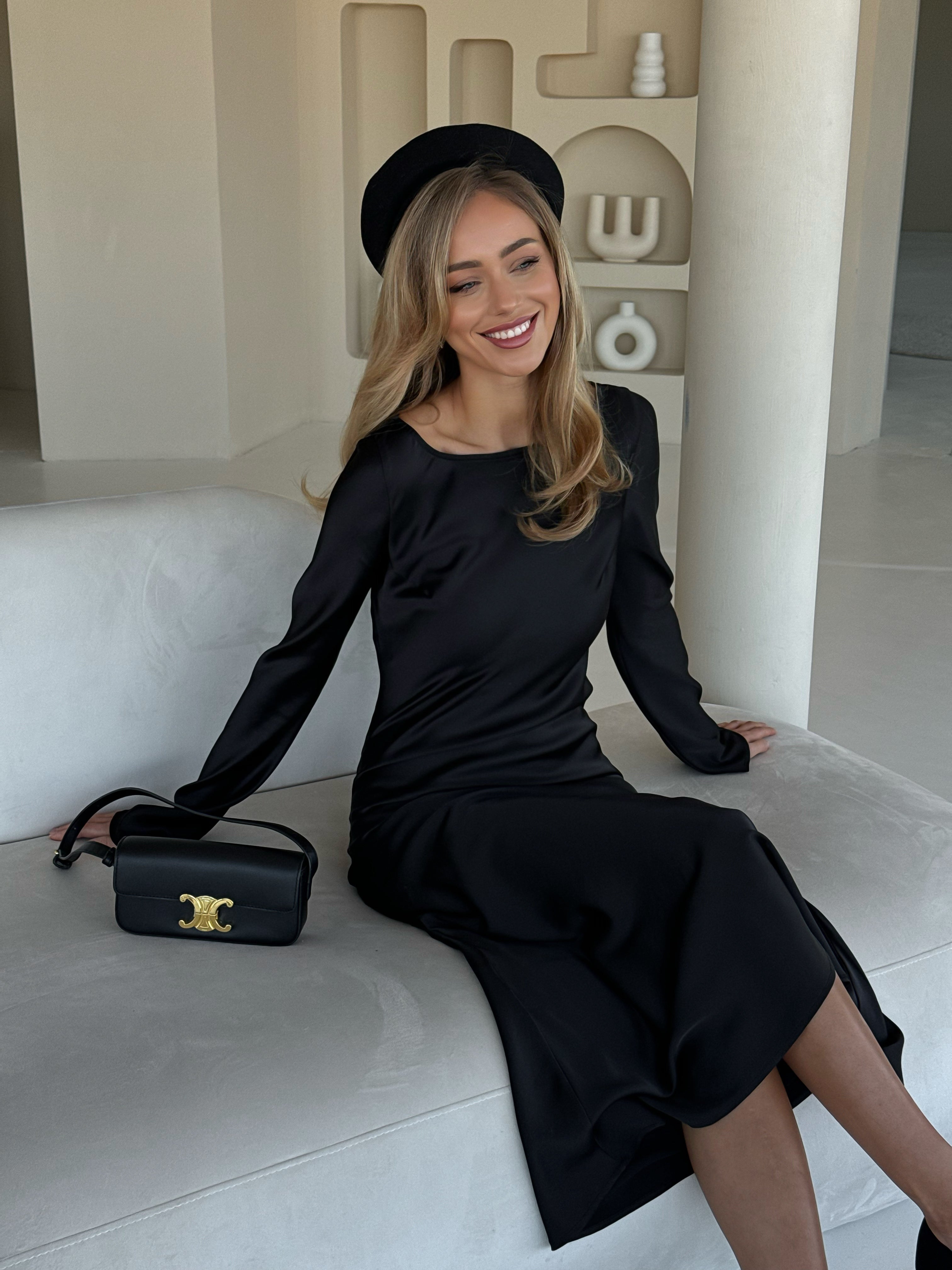 Black Italian Satin Maxi Dress — Long Sleeve • Standard & Custom Size