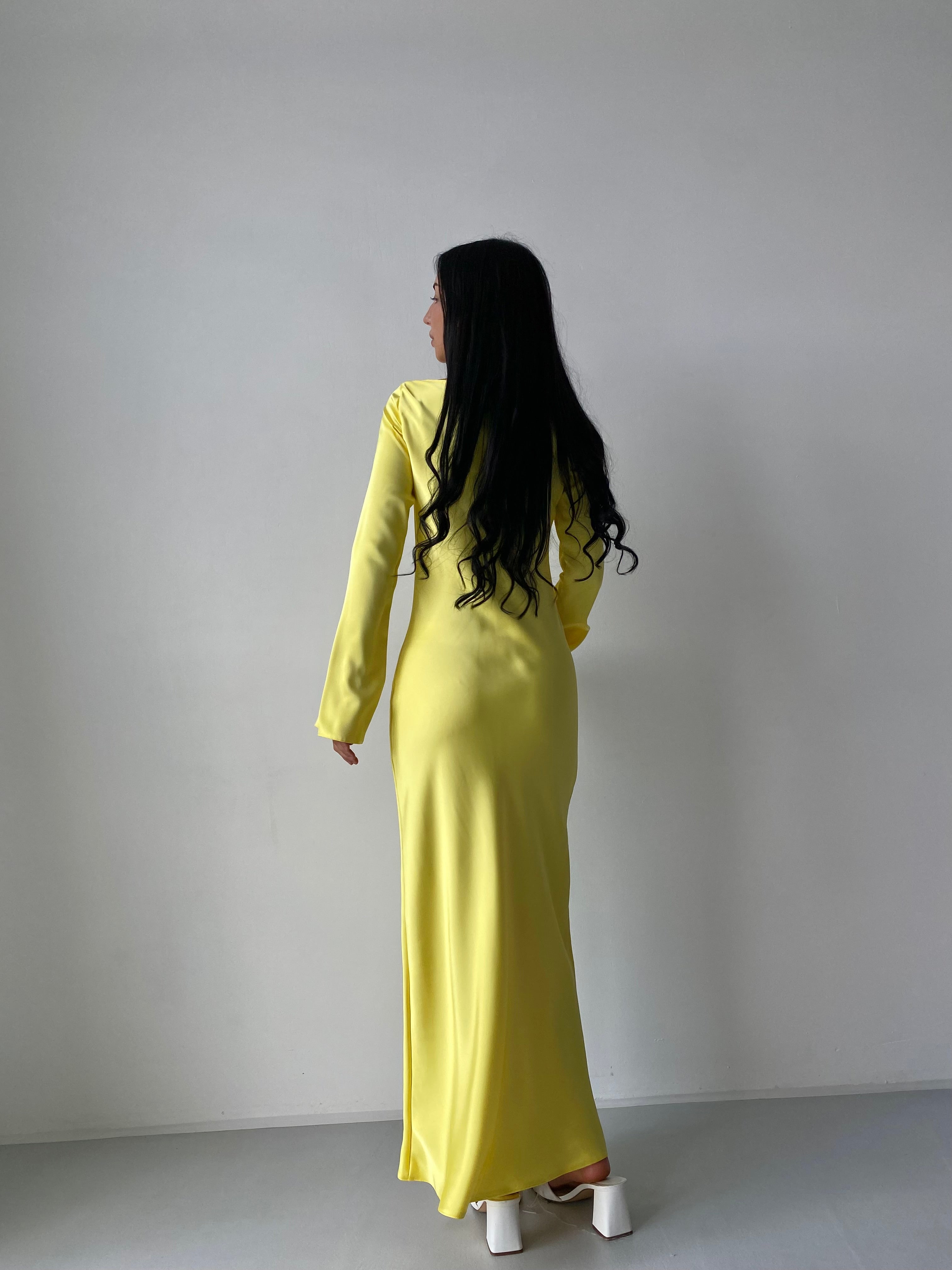 Yellow Italian Satin Maxi Dress — Long Sleeve Elegant Dress | DiGrosu