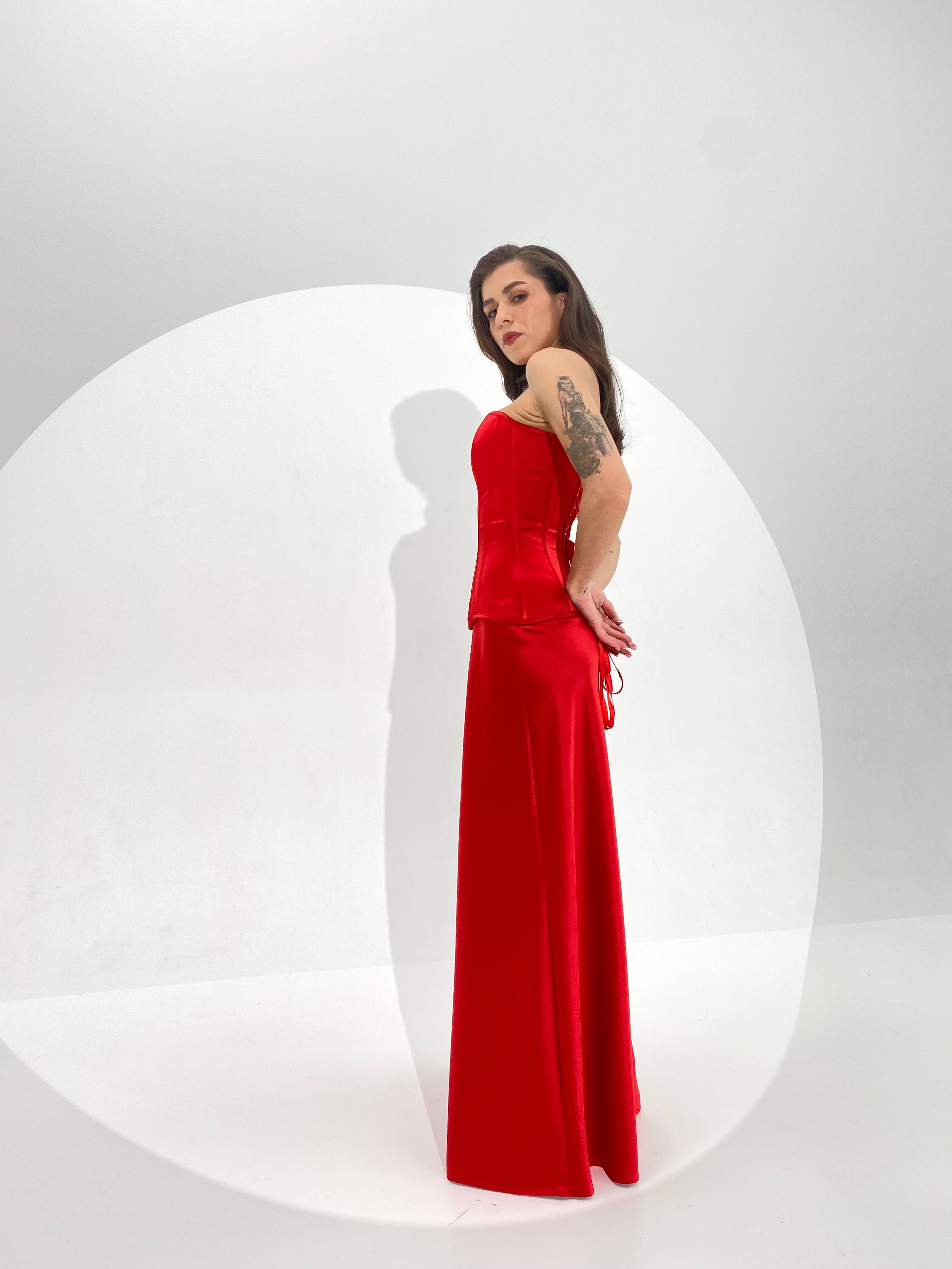 Red Silk Satin Corset Set with Maxi Skirt – Boned Lace-Up Corset & Elegant High-Waist Evening Skirt