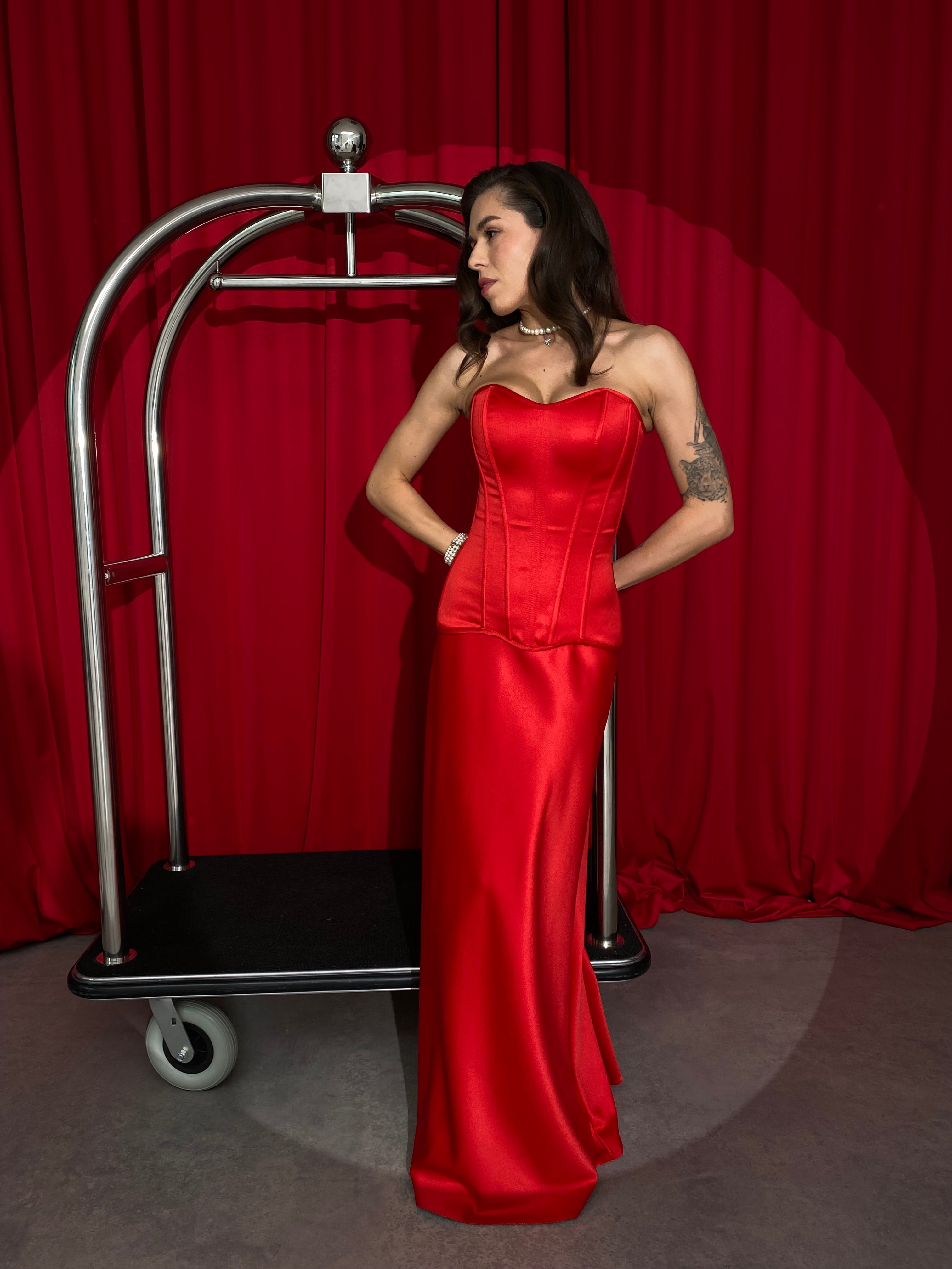 Red Silk Satin Corset Set with Maxi Skirt – Boned Lace-Up Corset & Elegant High-Waist Evening Skirt