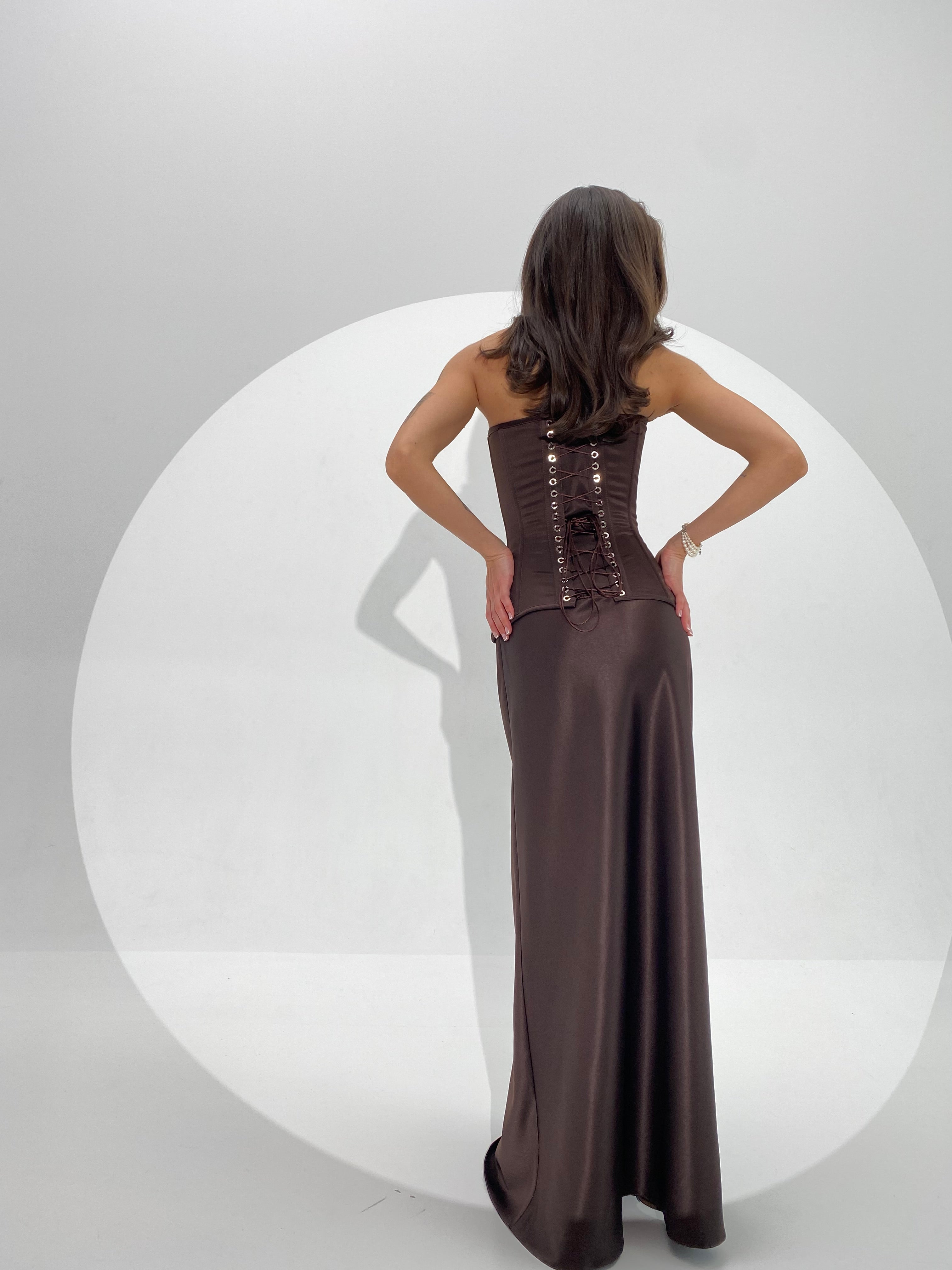 The Power of the Corset Silhouette: Chocolate Brown Satin Maxi Dress