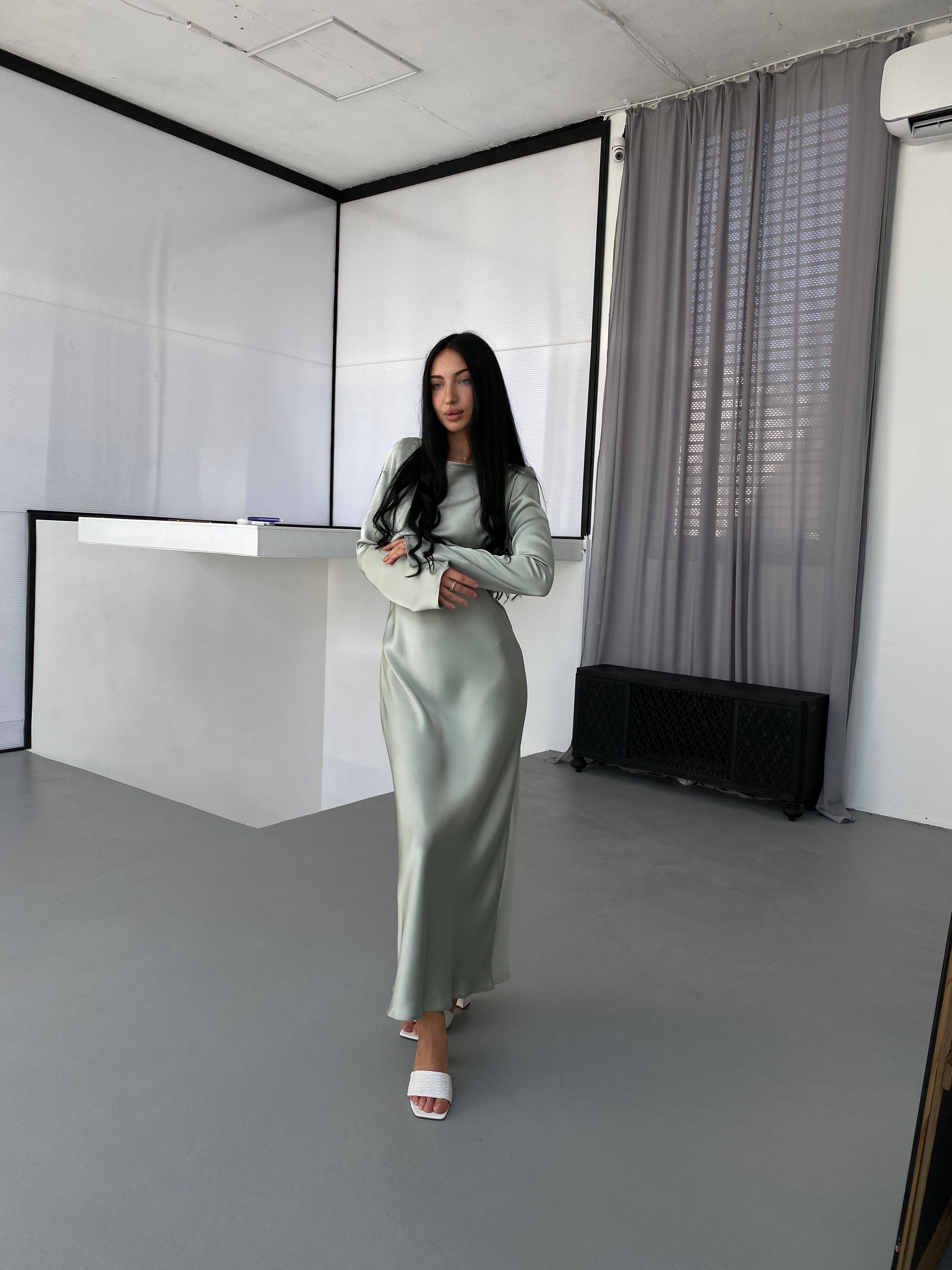 Olive Italian Satin Maxi Dress — Long Sleeve Elegant Evening Dress | DiGrosu