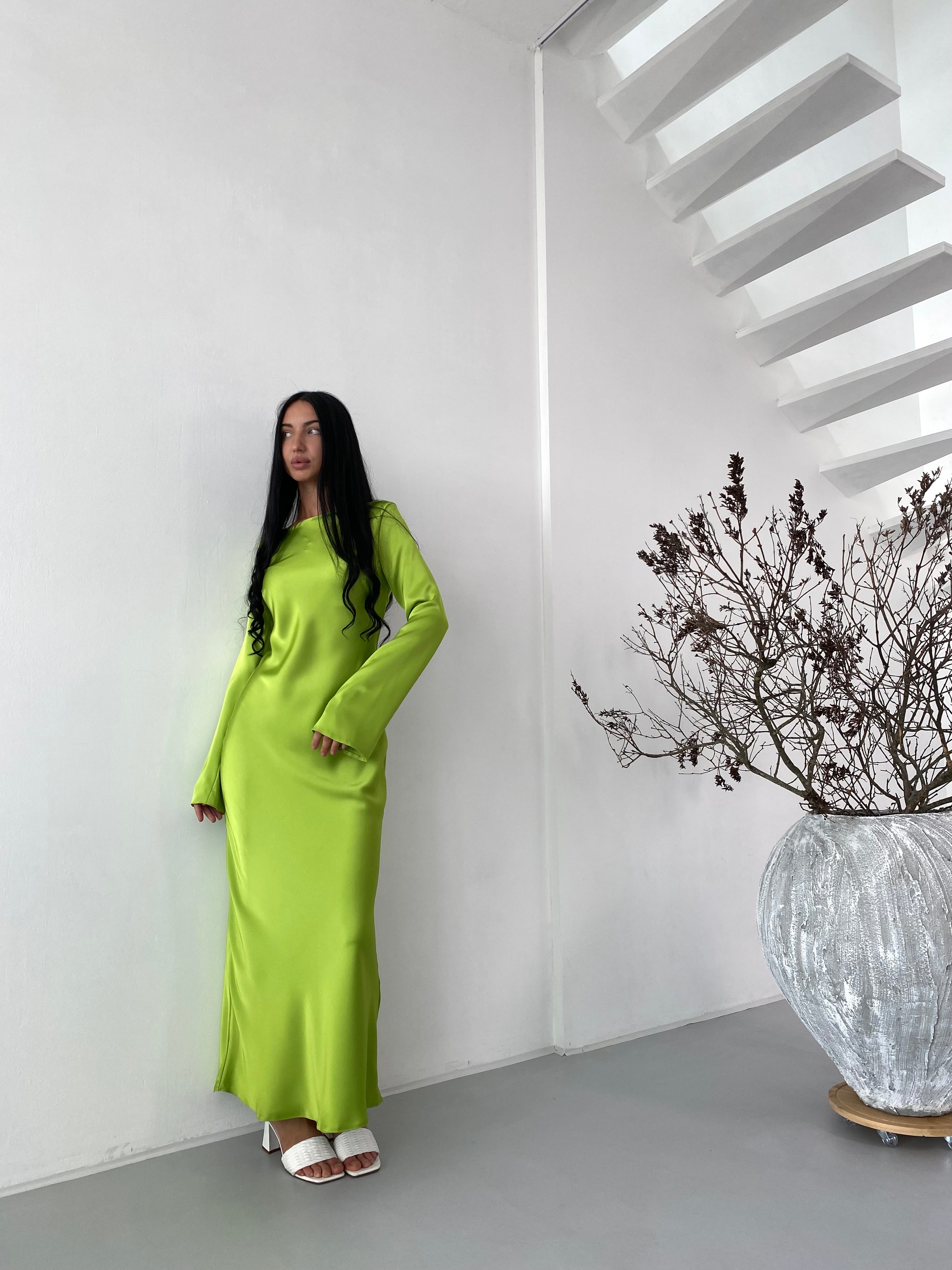 Apple Green Italian Satin Maxi Dress — Long Sleeve Elegant Dress — Custom Size Available | DiGrosu