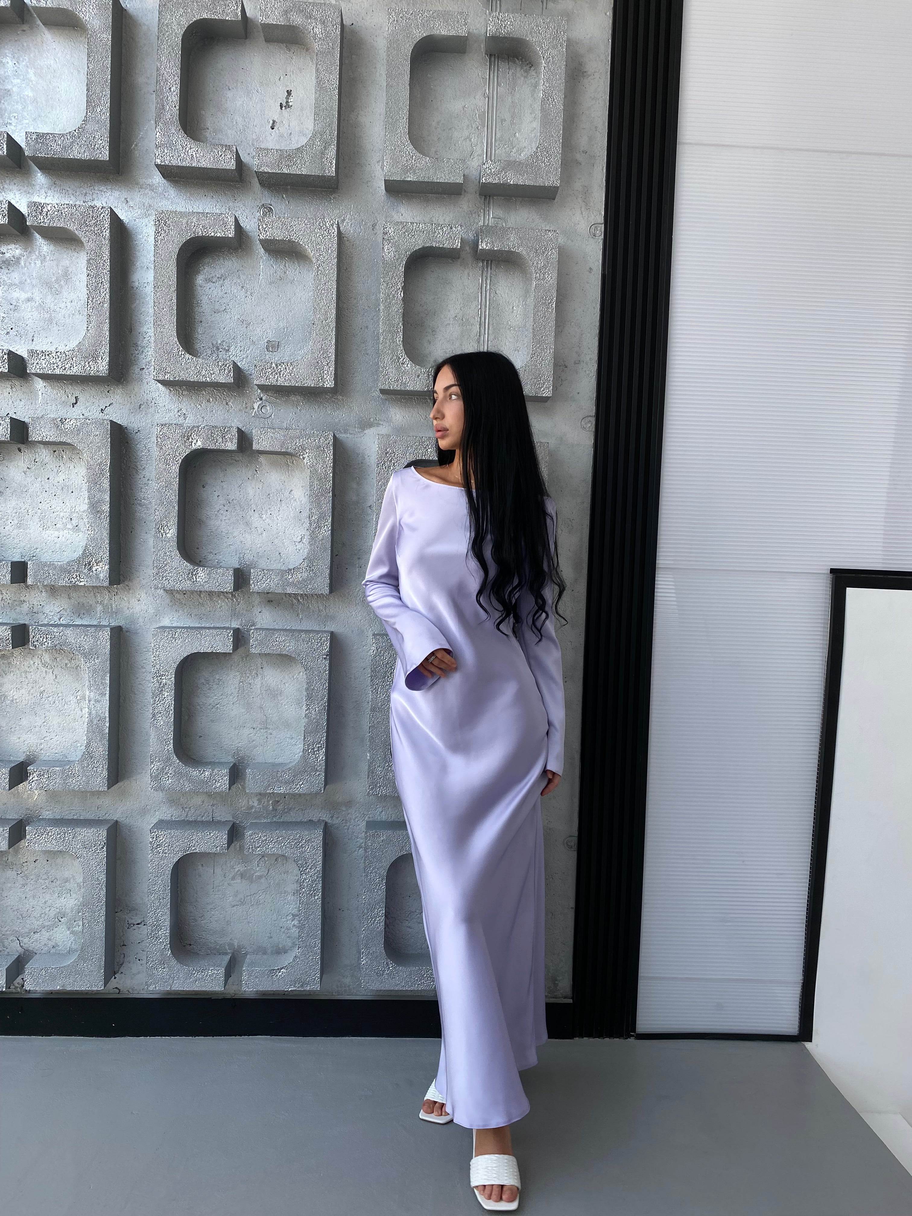 Lavender Italian Satin Maxi Dress — Long Sleeve Elegant Dress — Custom Size Available | DiGrosu