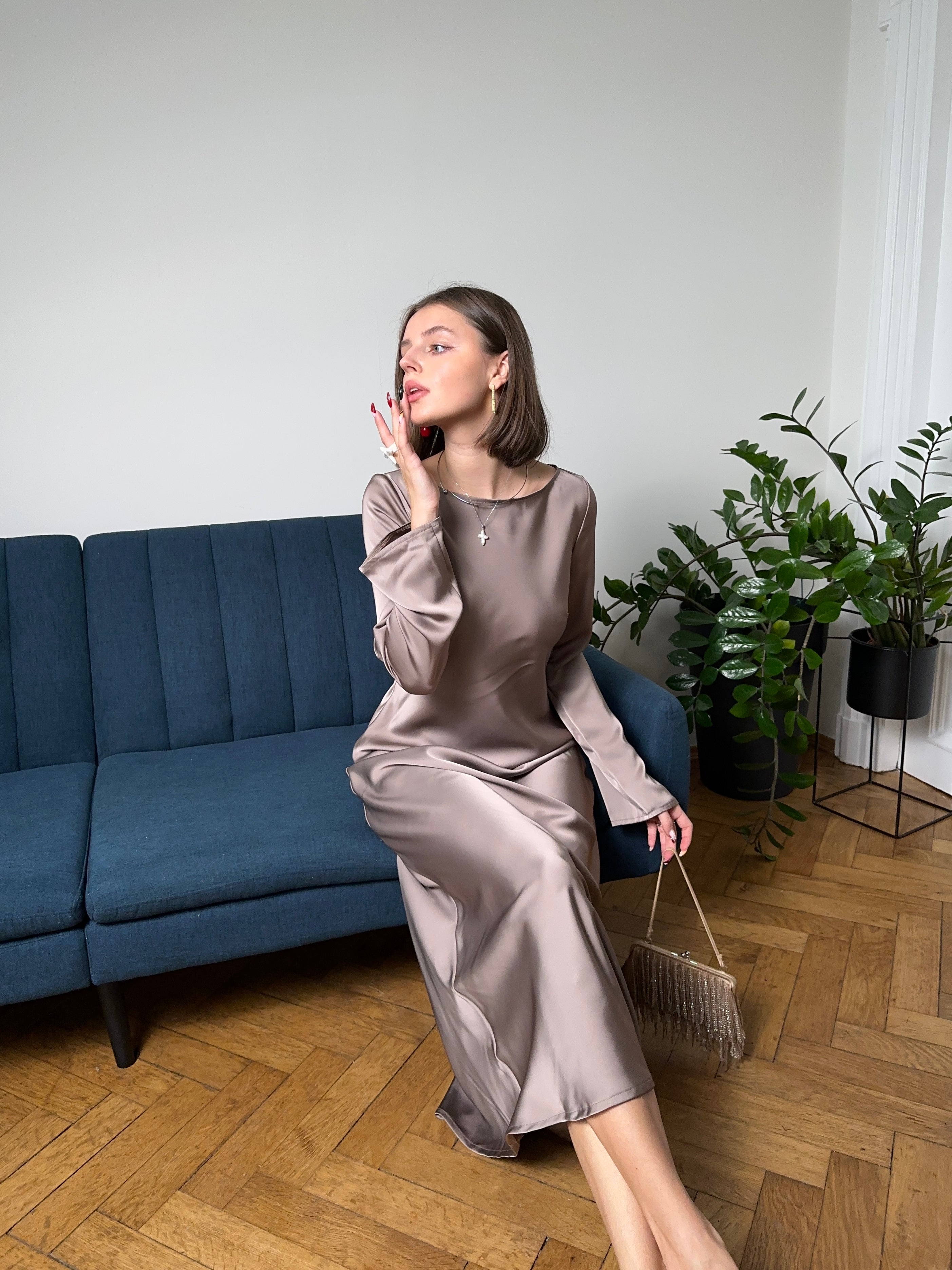 Mocha Italian Satin Maxi Dress — Long Sleeve | Custom Size