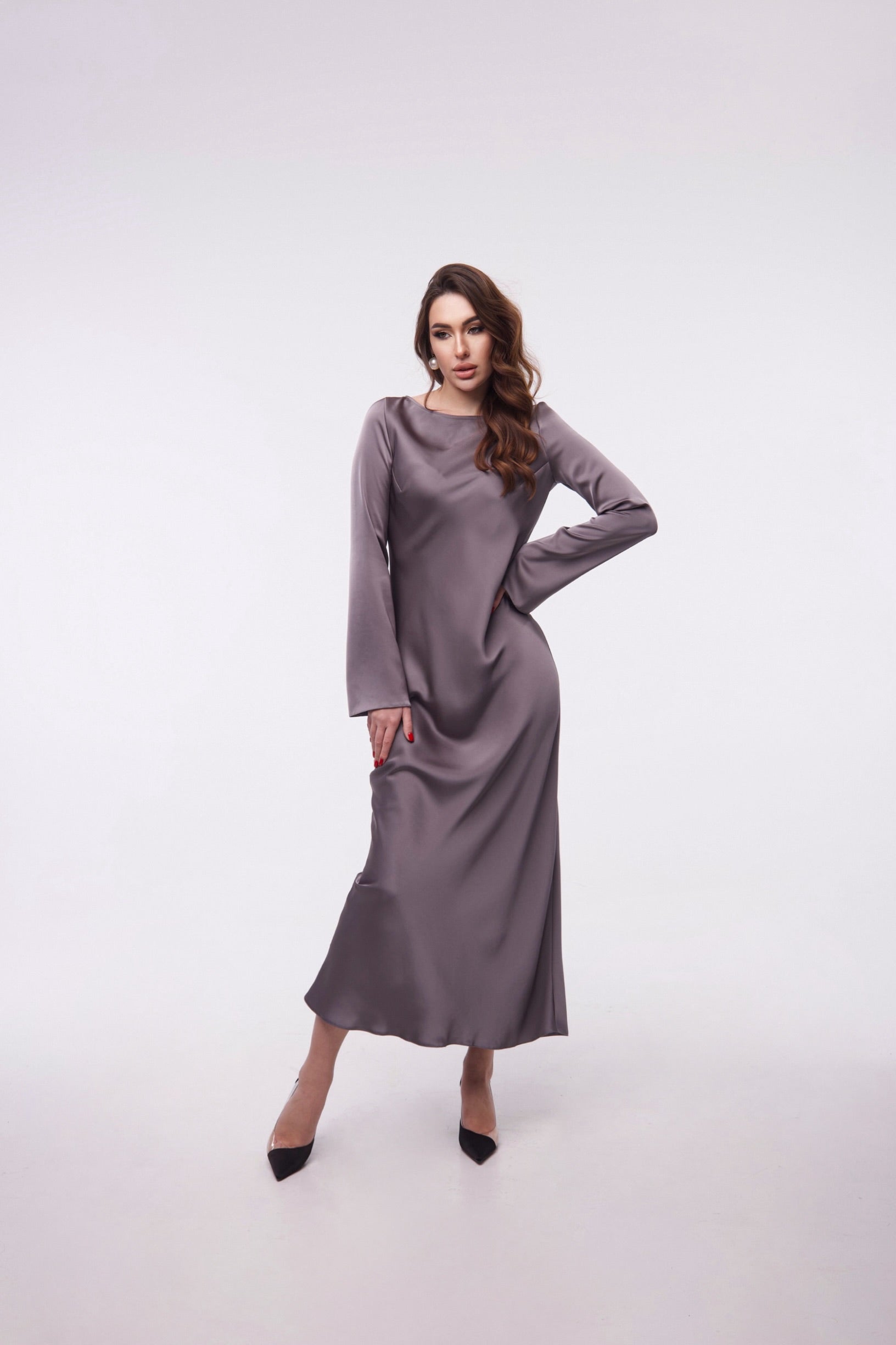 Silver Italian Satin Maxi Dress — Long Sleeve Elegant Evening Dress — Custom Size Satin Gown
