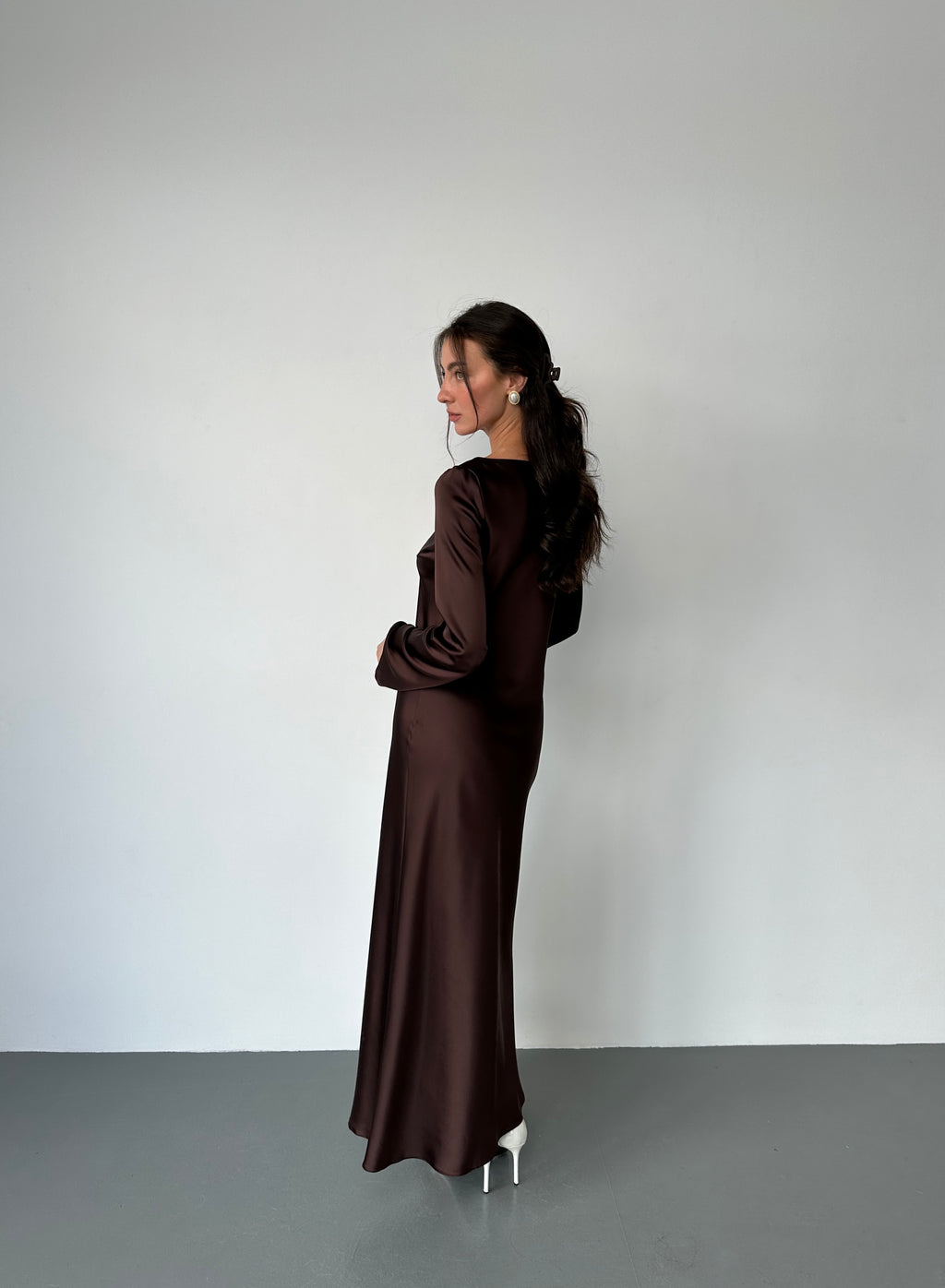 Italian Satin Maxi Dress Long Sleeve • Custom Size • Chocolate Brown