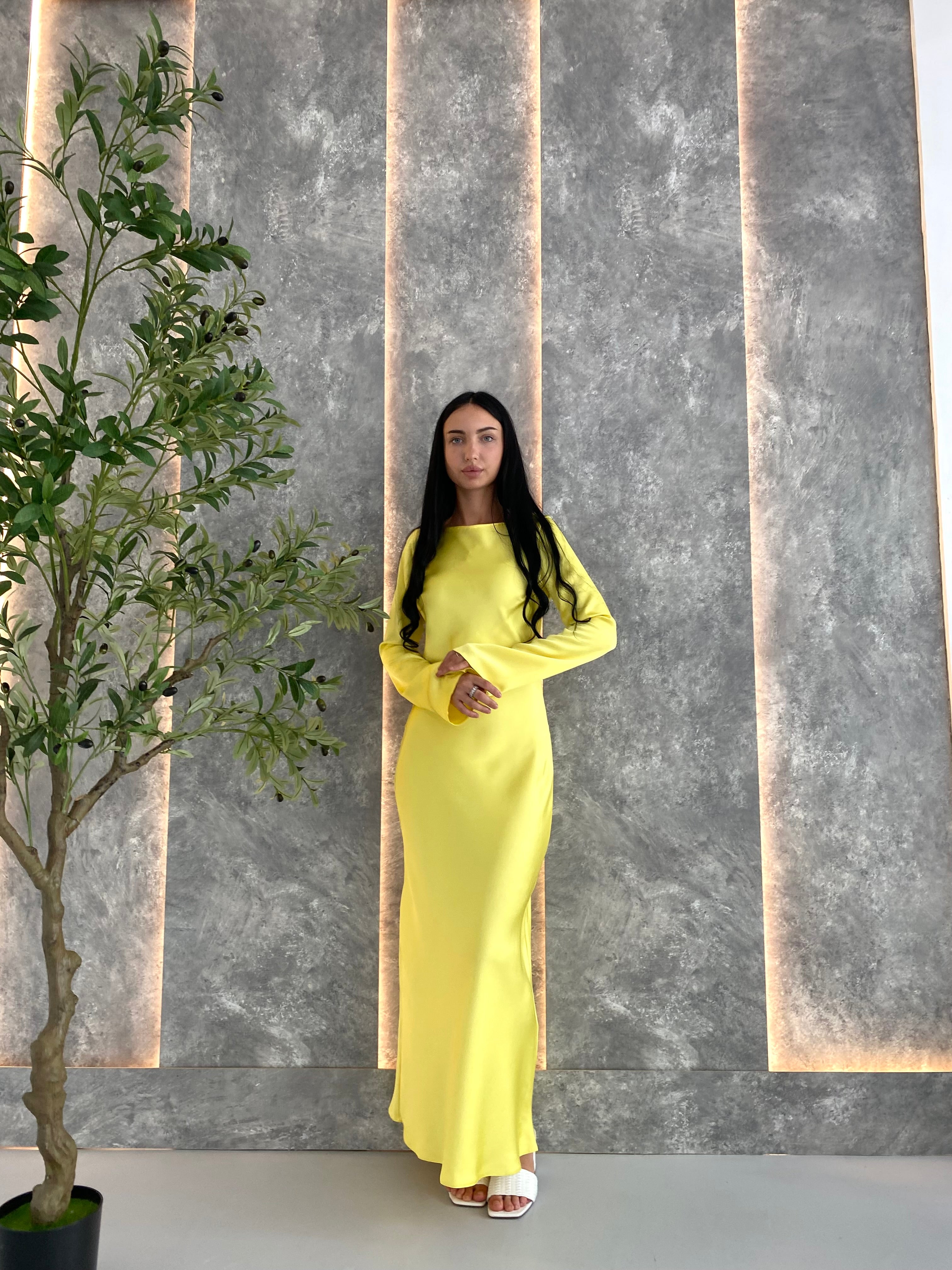 Yellow Italian Satin Maxi Dress — Long Sleeve Elegant Dress | DiGrosu