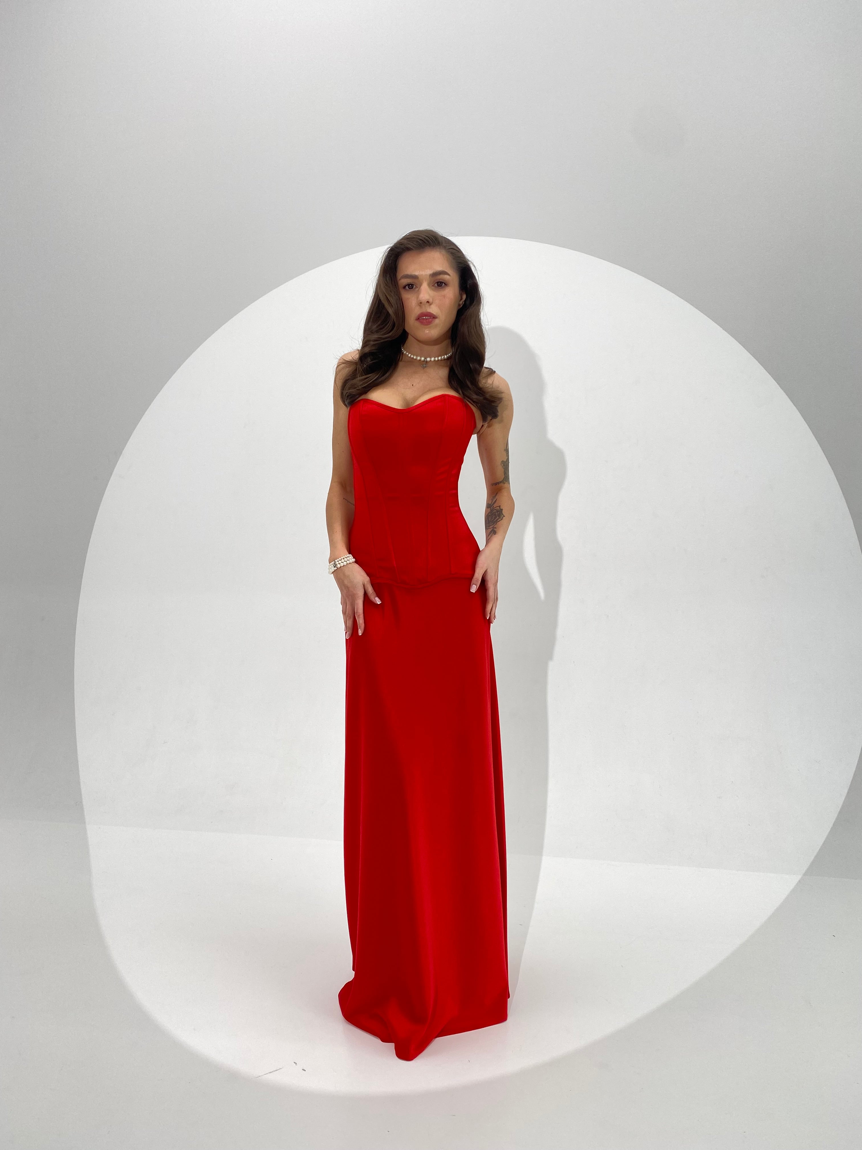 Red Silk Satin Corset Set with Maxi Skirt – Boned Lace-Up Corset & Elegant High-Waist Evening Skirt