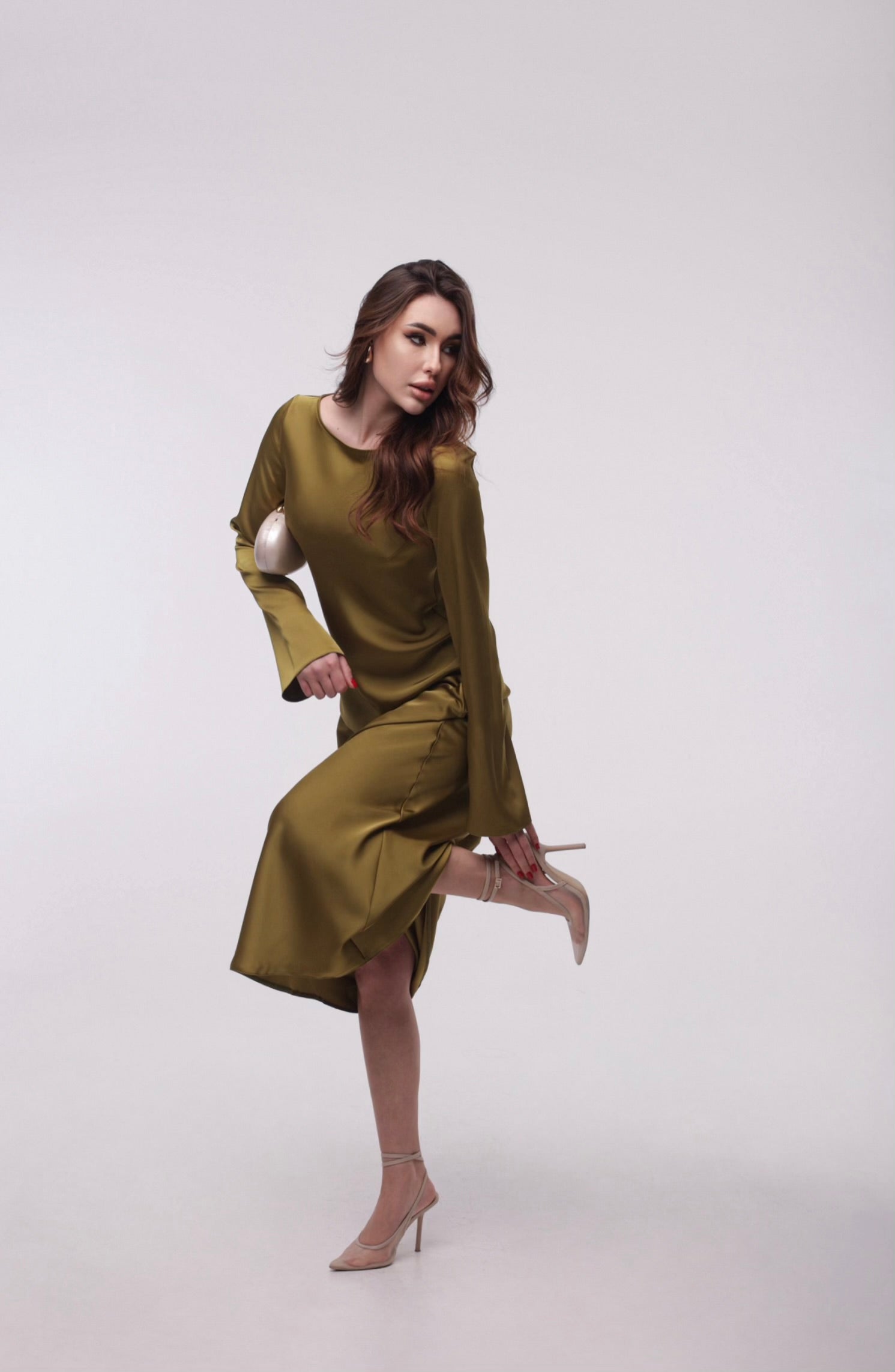 Olive Green Italian Satin Maxi Dress — Long Sleeve • Elegant Evening Dress • Custom Size Available