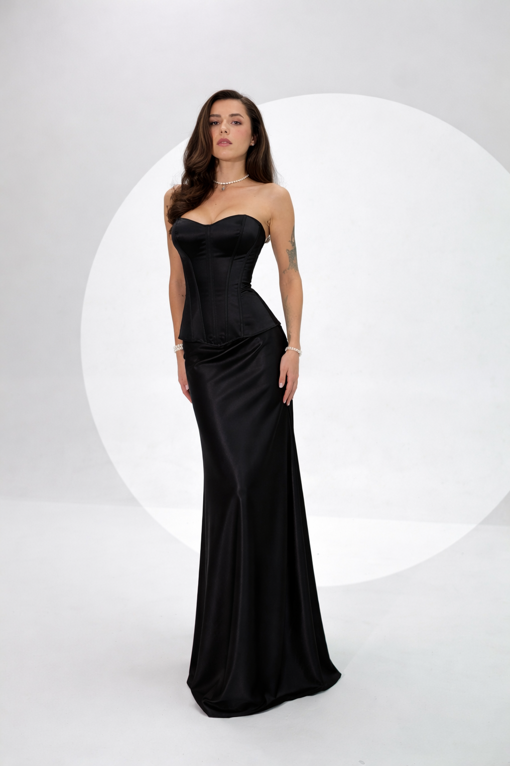 Black Italian Silk Satin Corset & Maxi Skirt Set – Luxury Strapless Evening Two Piece Dress