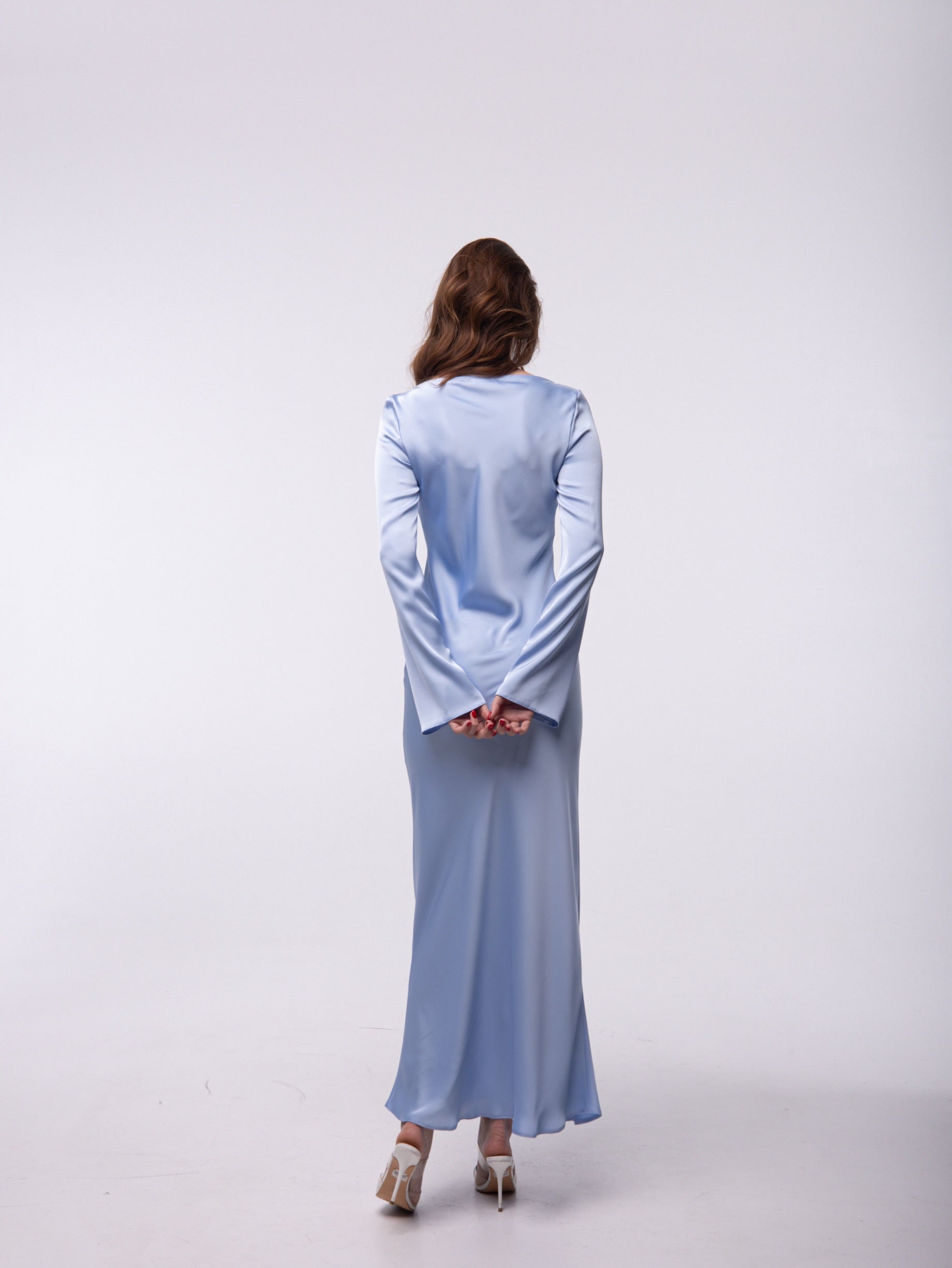 Sky Blue Italian Satin Maxi Dress — Long Sleeve Elegant Evening Dress — Custom Size