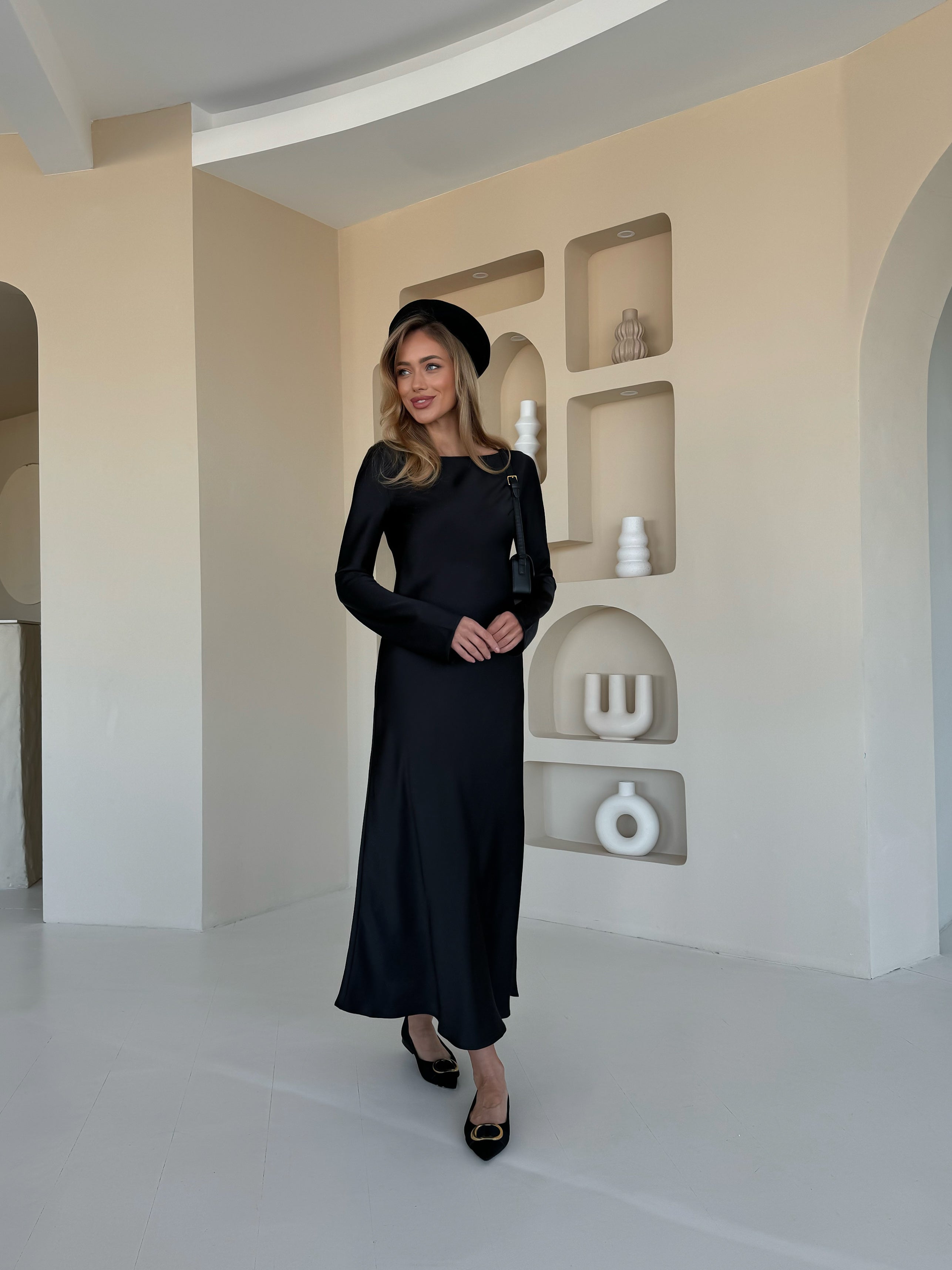 Black Italian Satin Maxi Dress — Long Sleeve • Standard & Custom Size