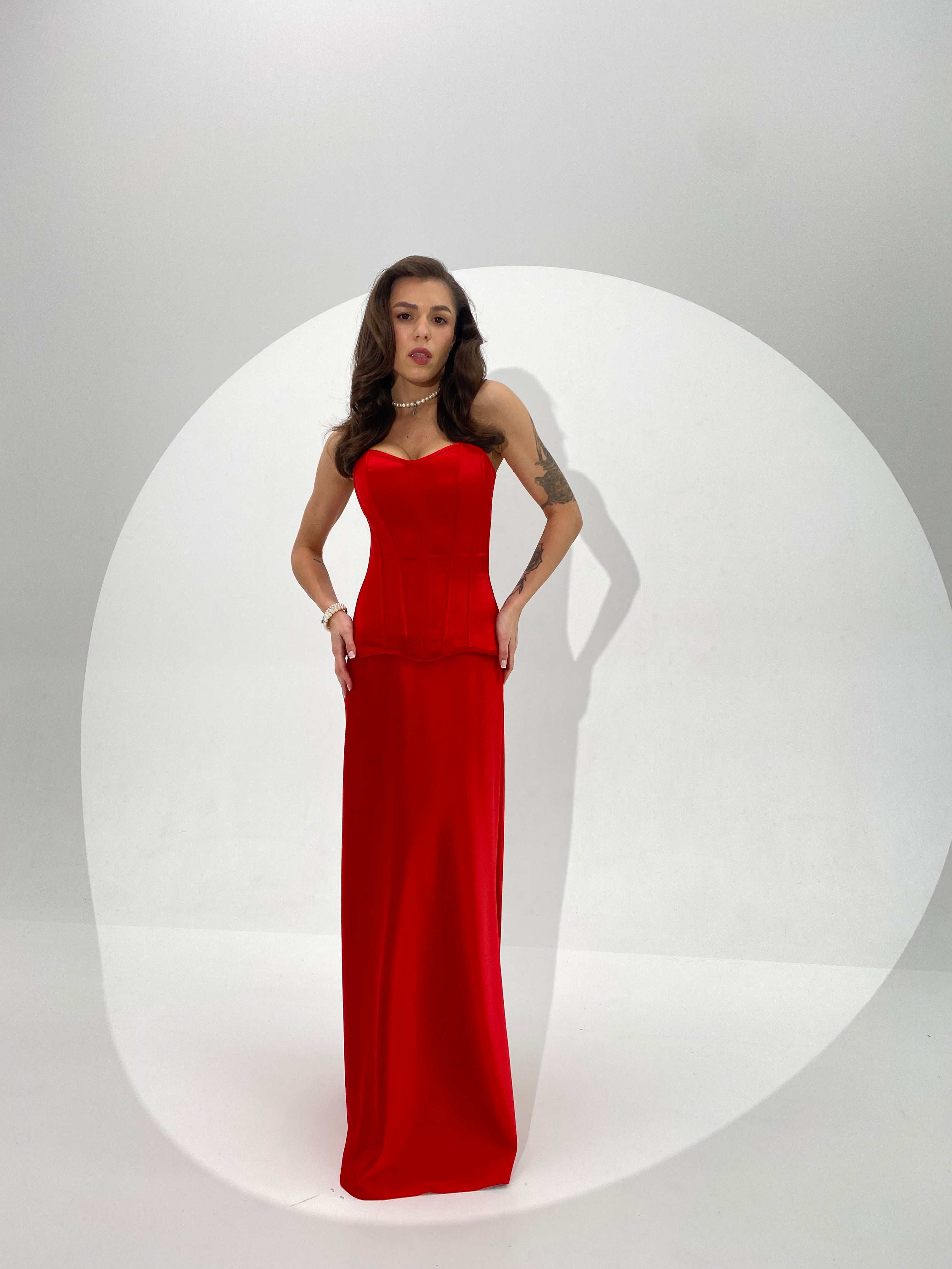 Red Silk Satin Corset Set with Maxi Skirt – Boned Lace-Up Corset & Elegant High-Waist Evening Skirt