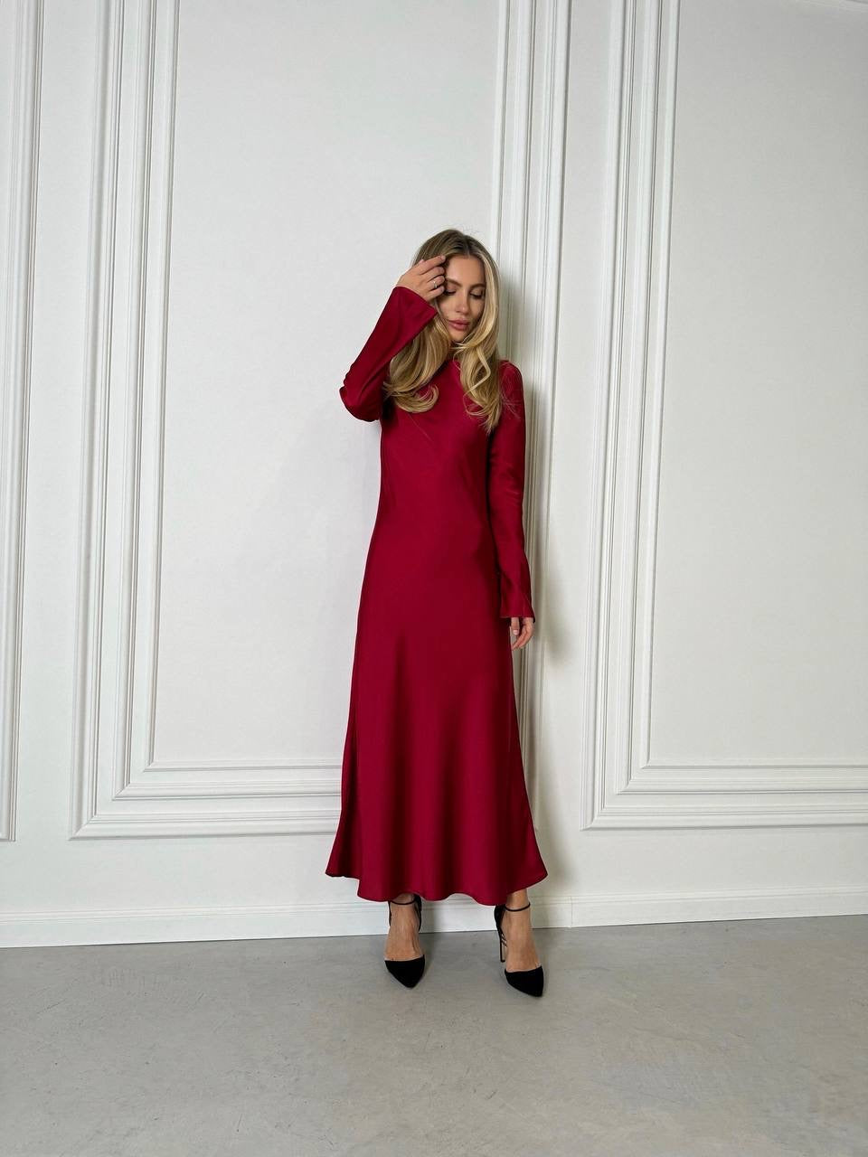 Burgundy Italian Satin Maxi Dress — Long Sleeve | Custom Size