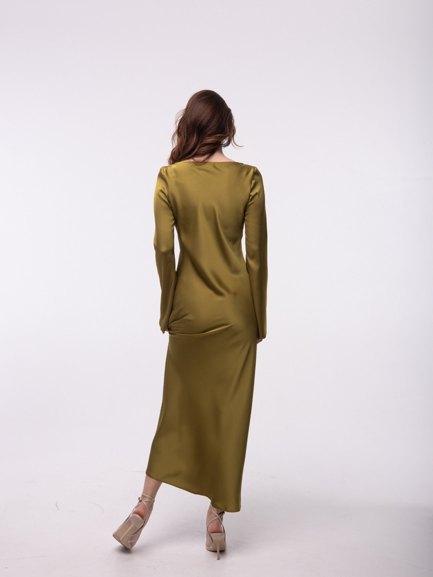 Olive Green Italian Satin Maxi Dress — Long Sleeve • Elegant Evening Dress • Custom Size Available