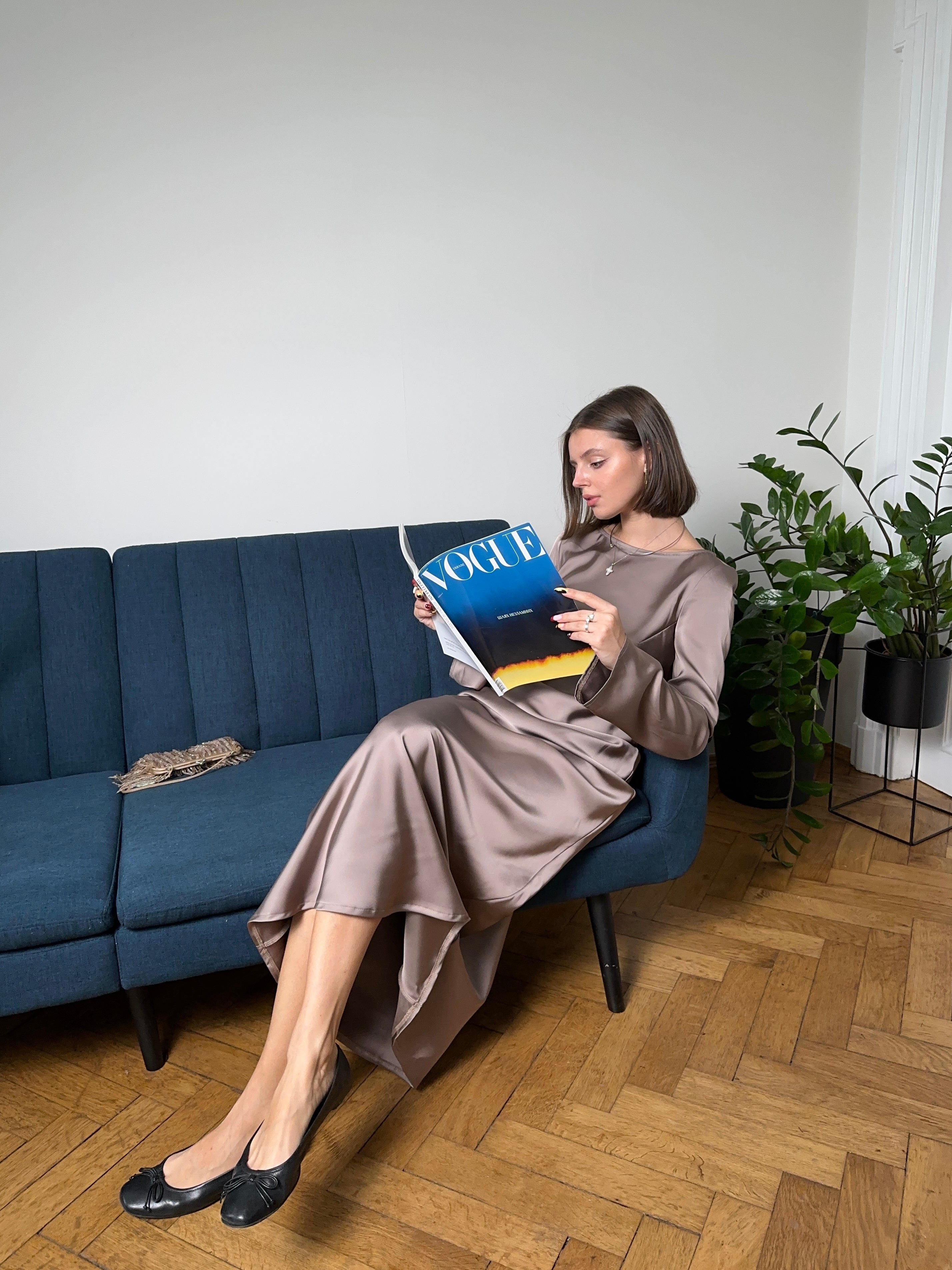 Mocha Italian Satin Maxi Dress — Long Sleeve | Custom Size