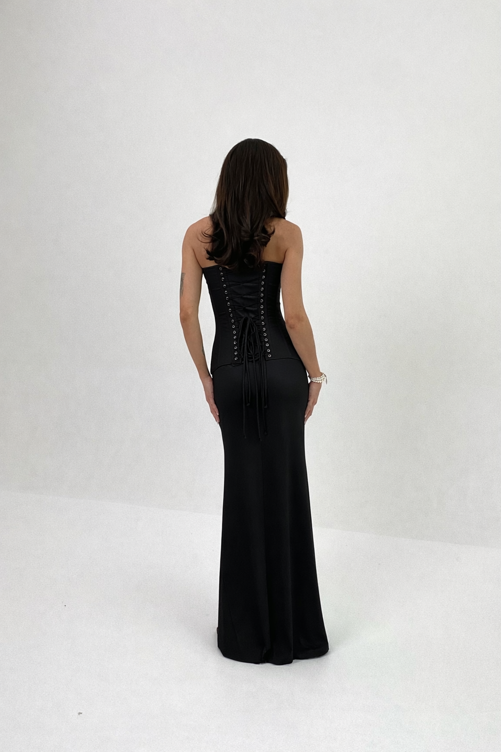 Black Italian Silk Satin Corset & Maxi Skirt Set – Luxury Strapless Evening Two Piece Dress