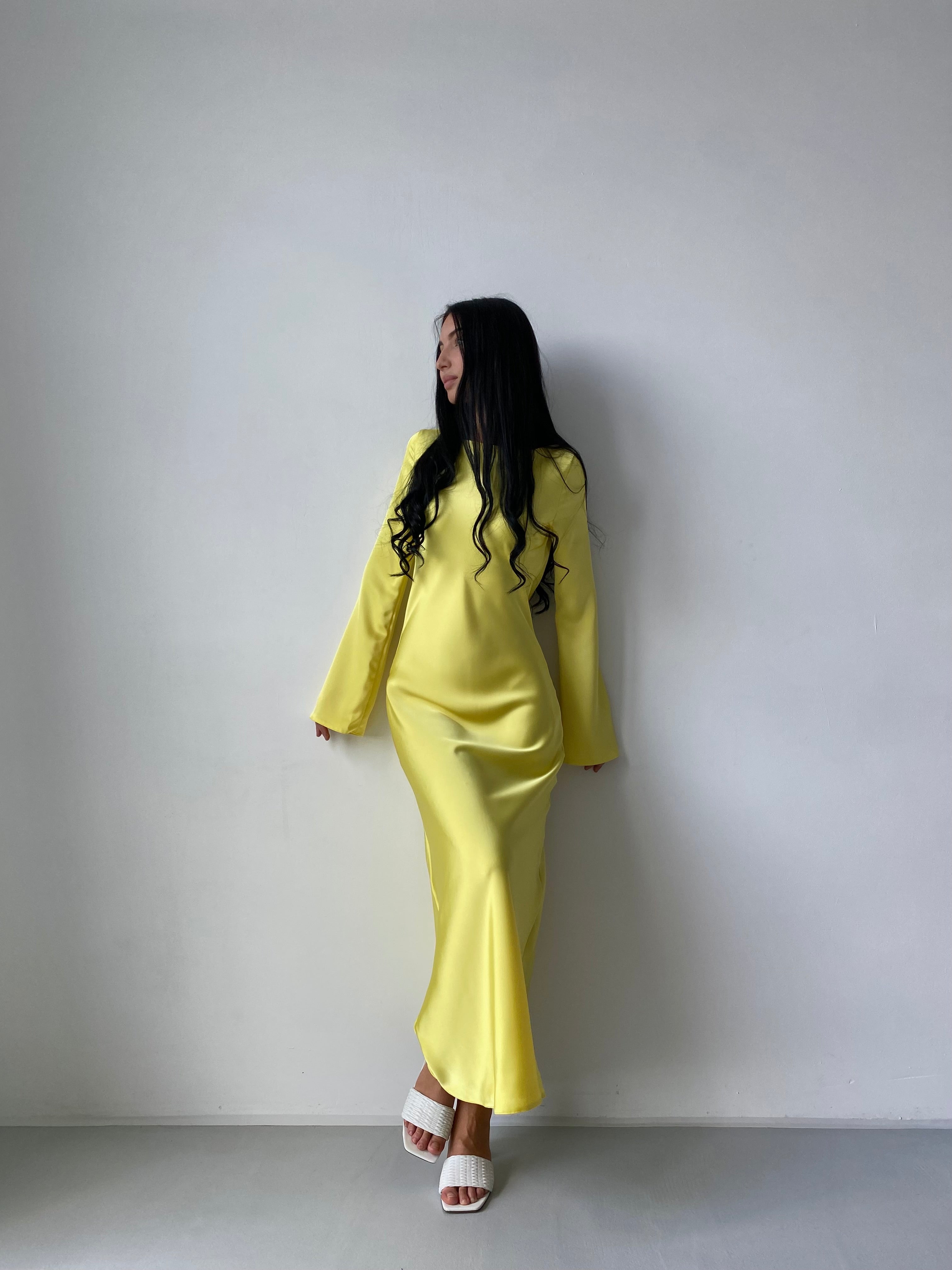 Yellow Italian Satin Maxi Dress — Long Sleeve Elegant Dress | DiGrosu