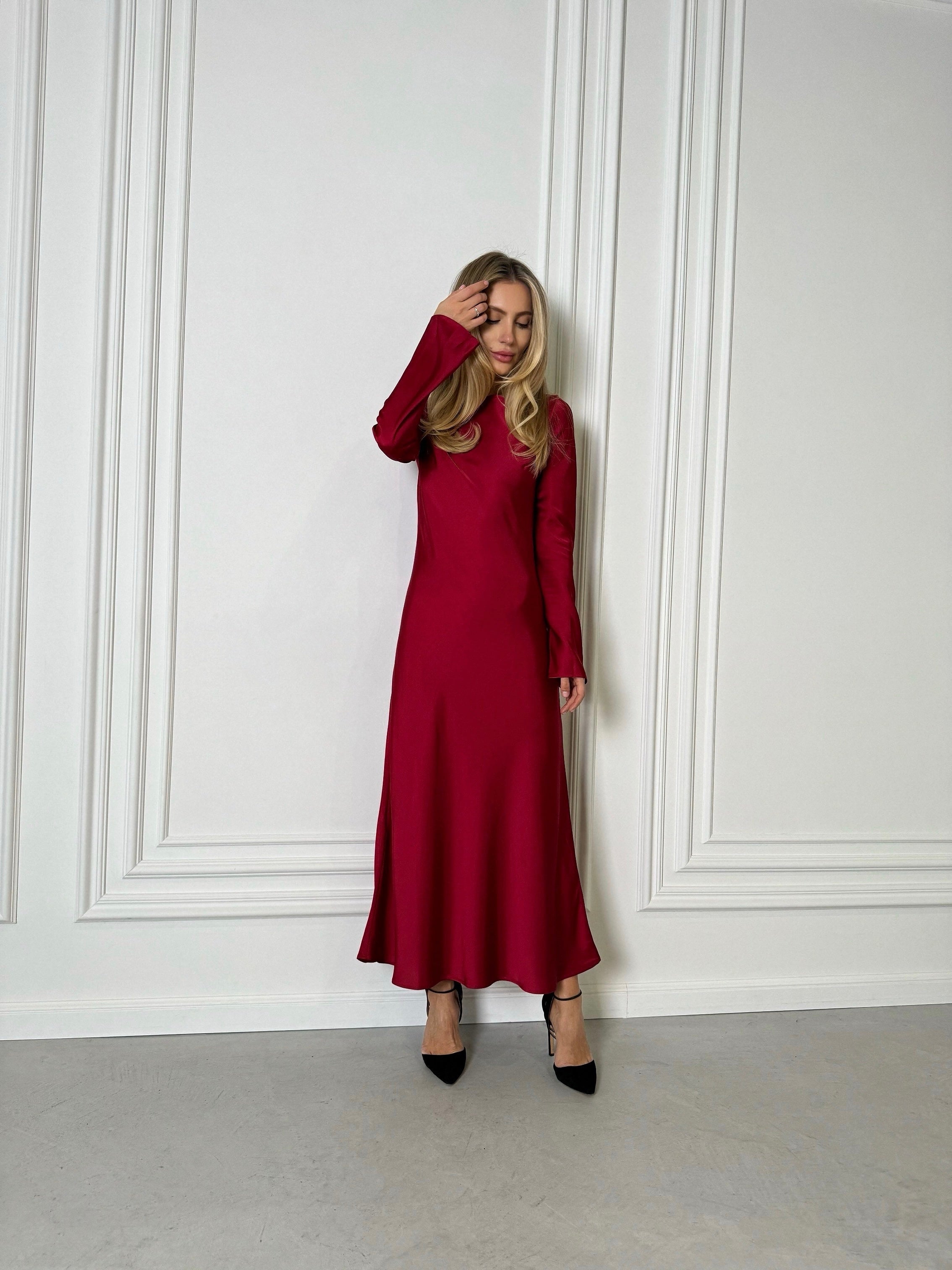 Burgundy Italian Satin Maxi Dress — Long Sleeve | Custom Size