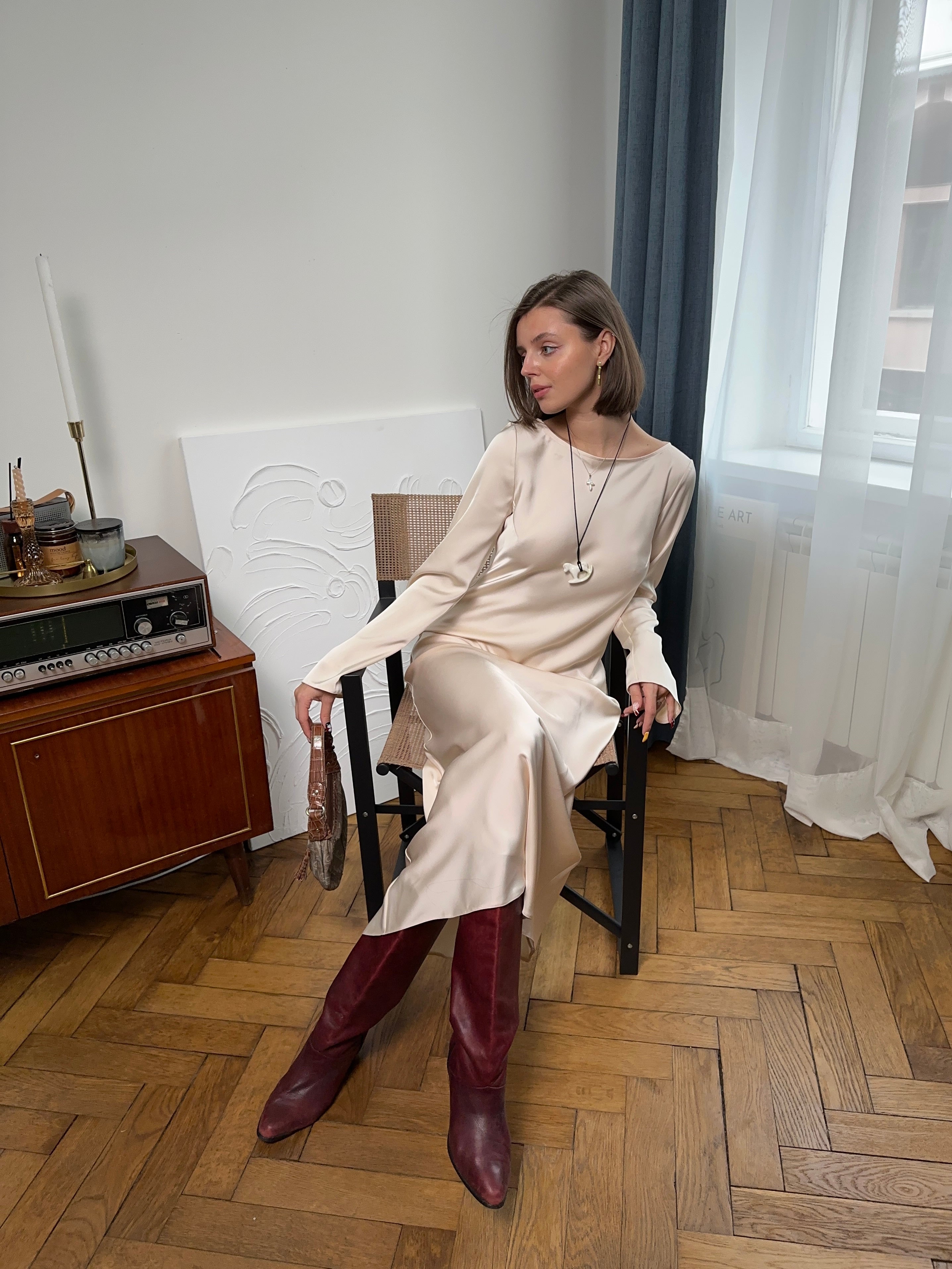 Ivory Italian Satin Maxi Dress — Long Sleeve | Custom Size