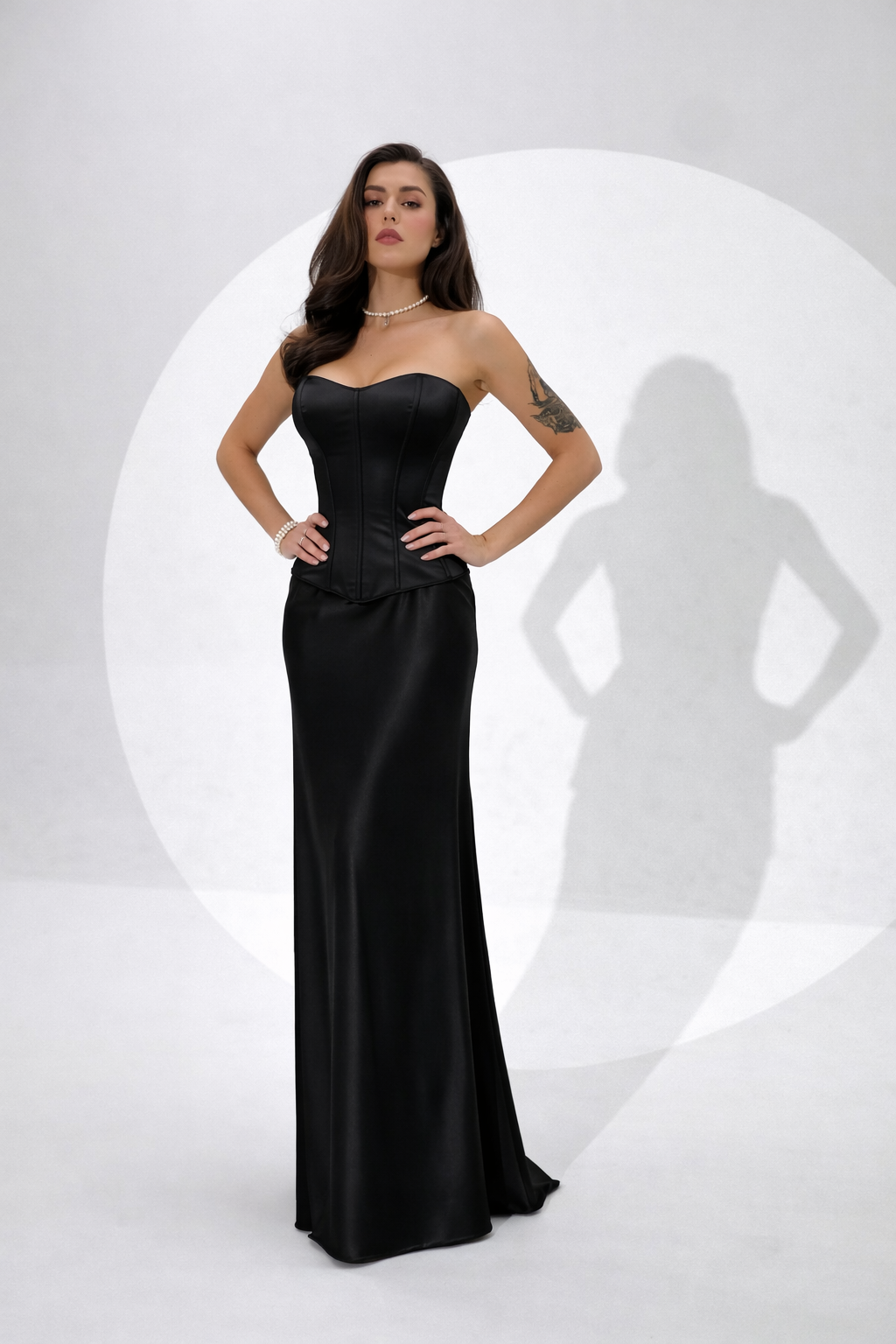 Black Italian Silk Satin Corset & Maxi Skirt Set – Luxury Strapless Evening Two Piece Dress