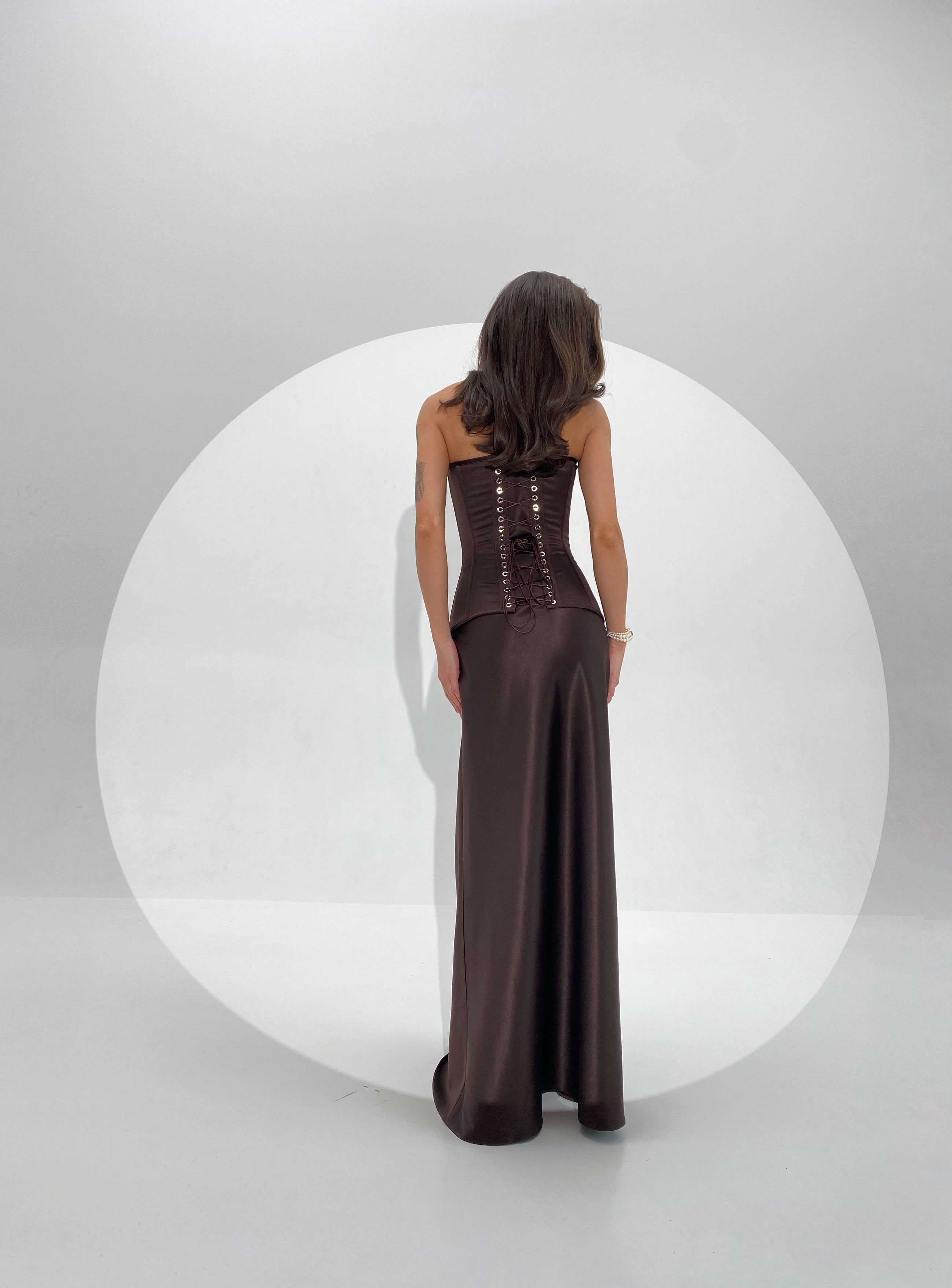The Power of the Corset Silhouette: Chocolate Brown Satin Maxi Dress
