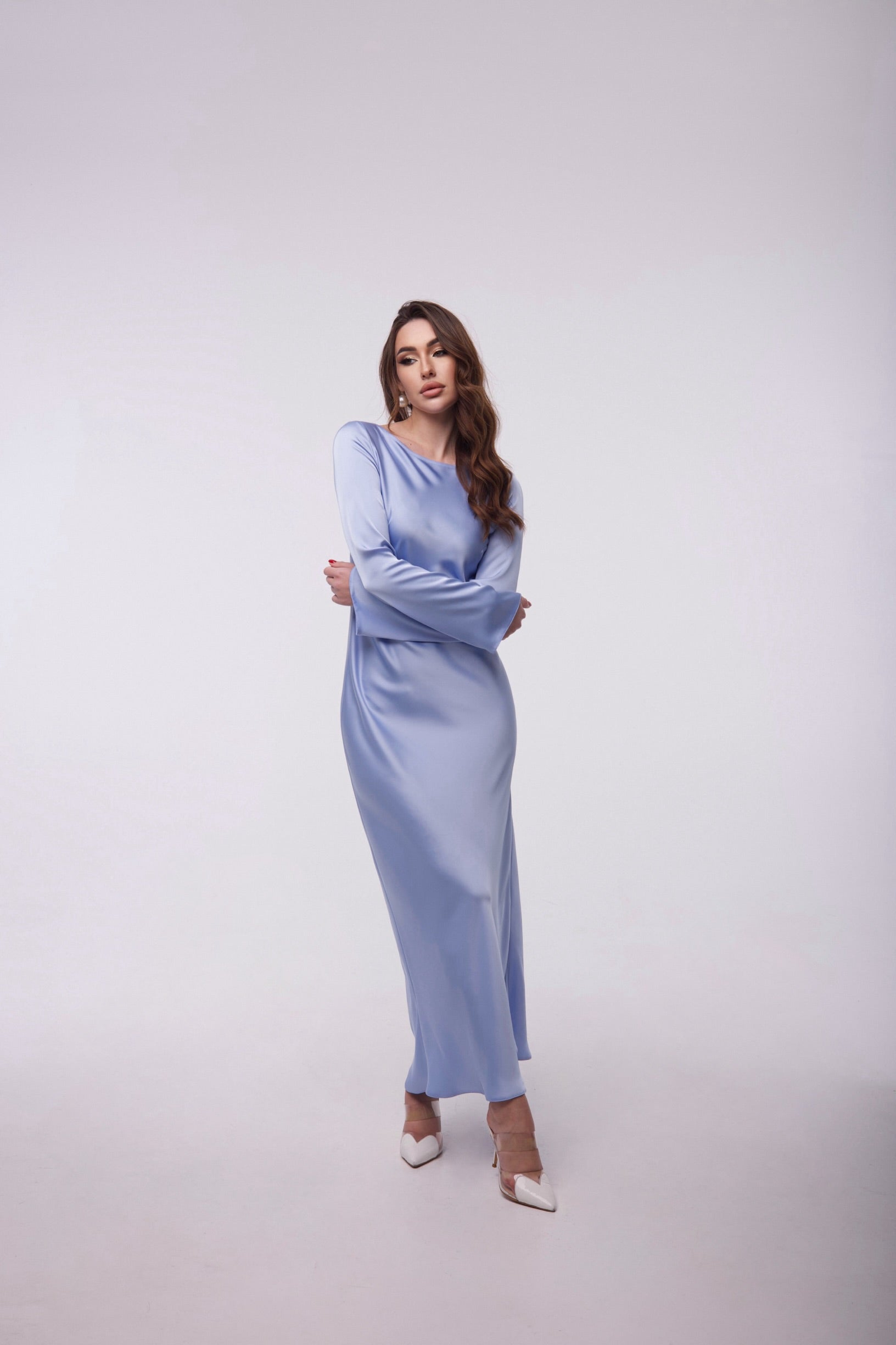 Sky Blue Italian Satin Maxi Dress — Long Sleeve Elegant Evening Dress — Custom Size