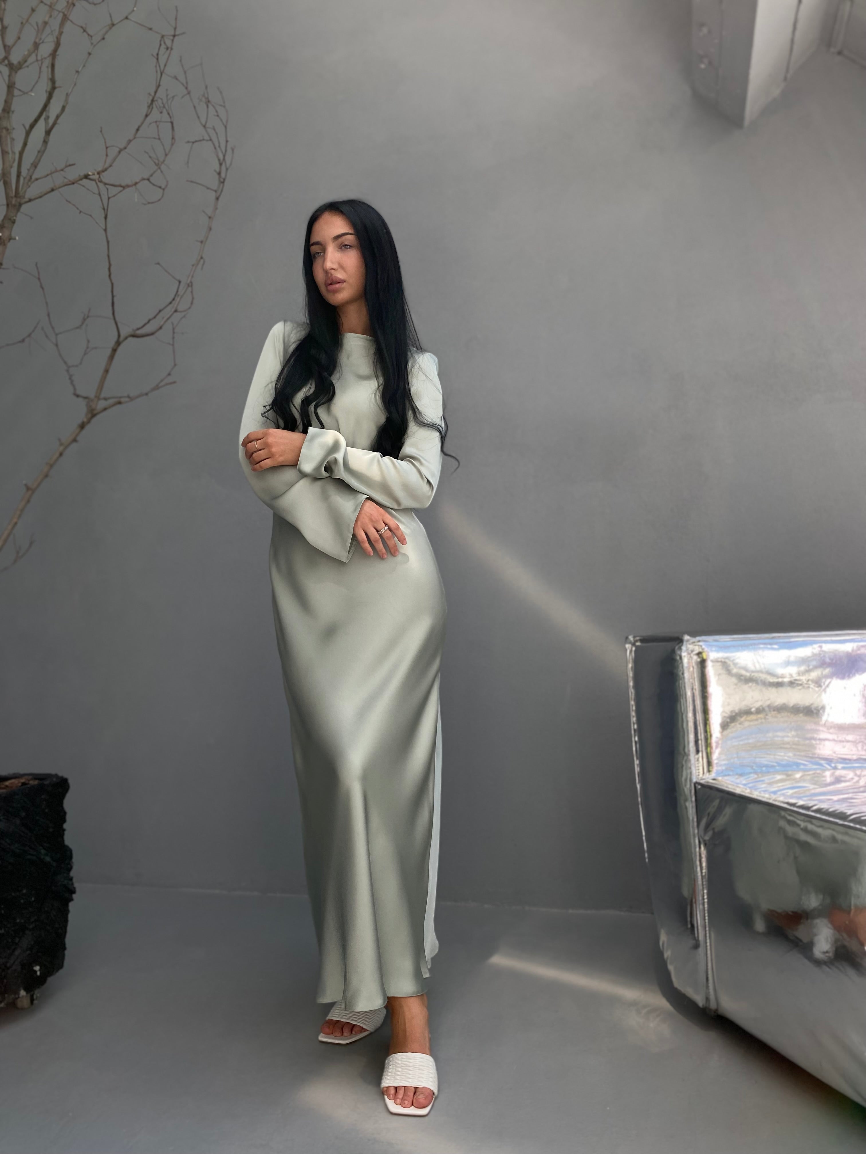 Olive Italian Satin Maxi Dress — Long Sleeve Elegant Evening Dress | DiGrosu