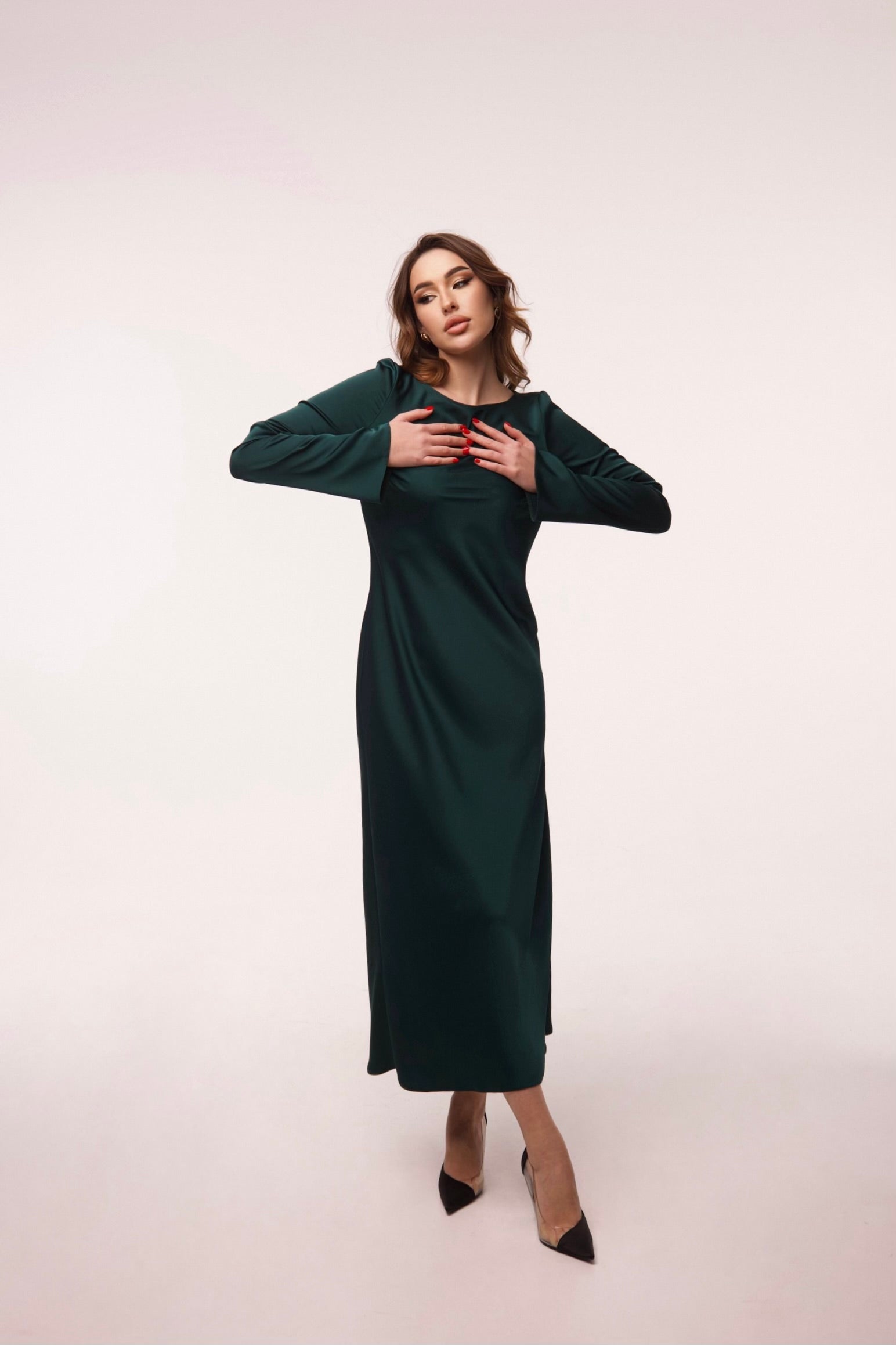 Emerald Italian Satin Maxi Dress — Long Sleeve | Custom Size