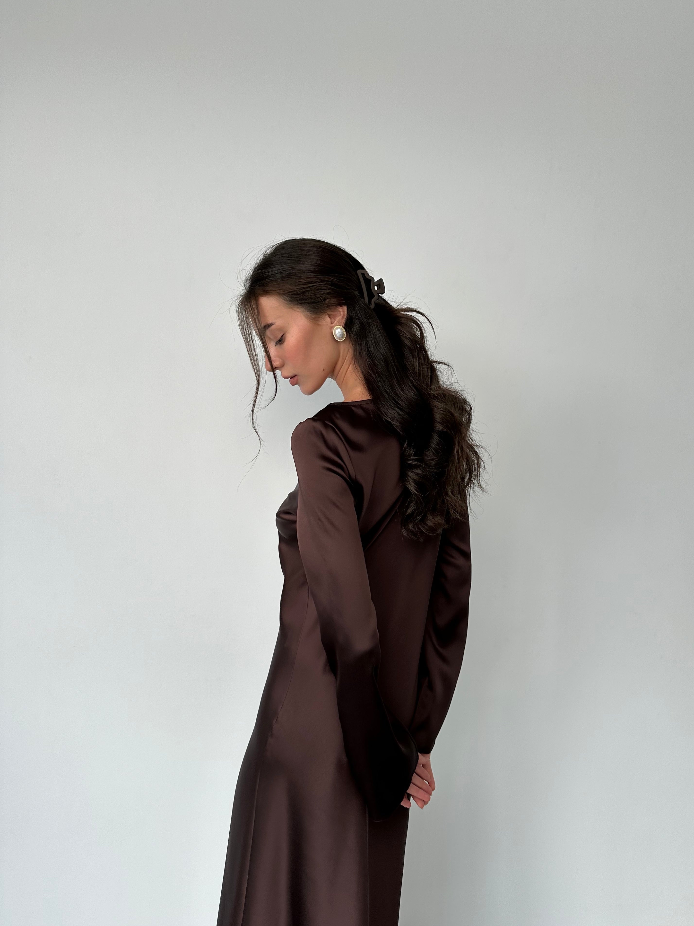 Italian Satin Maxi Dress Long Sleeve • Custom Size • Chocolate Brown