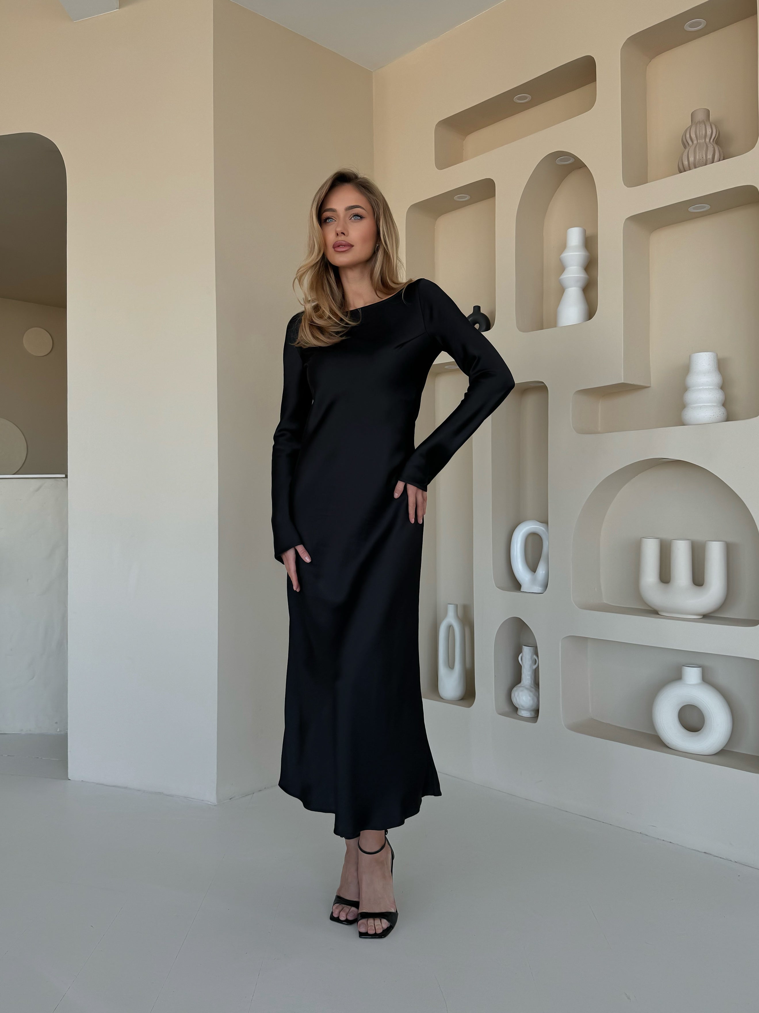 Black Italian Satin Maxi Dress — Long Sleeve • Standard & Custom Size