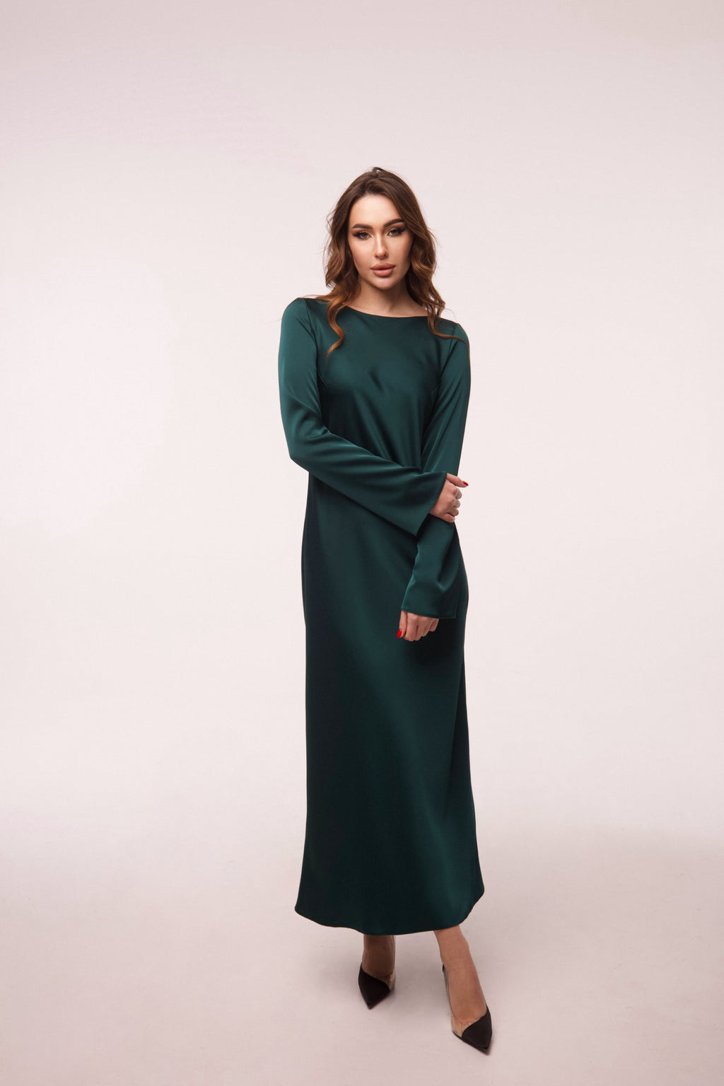 Emerald Italian Satin Maxi Dress — Long Sleeve | Custom Size
