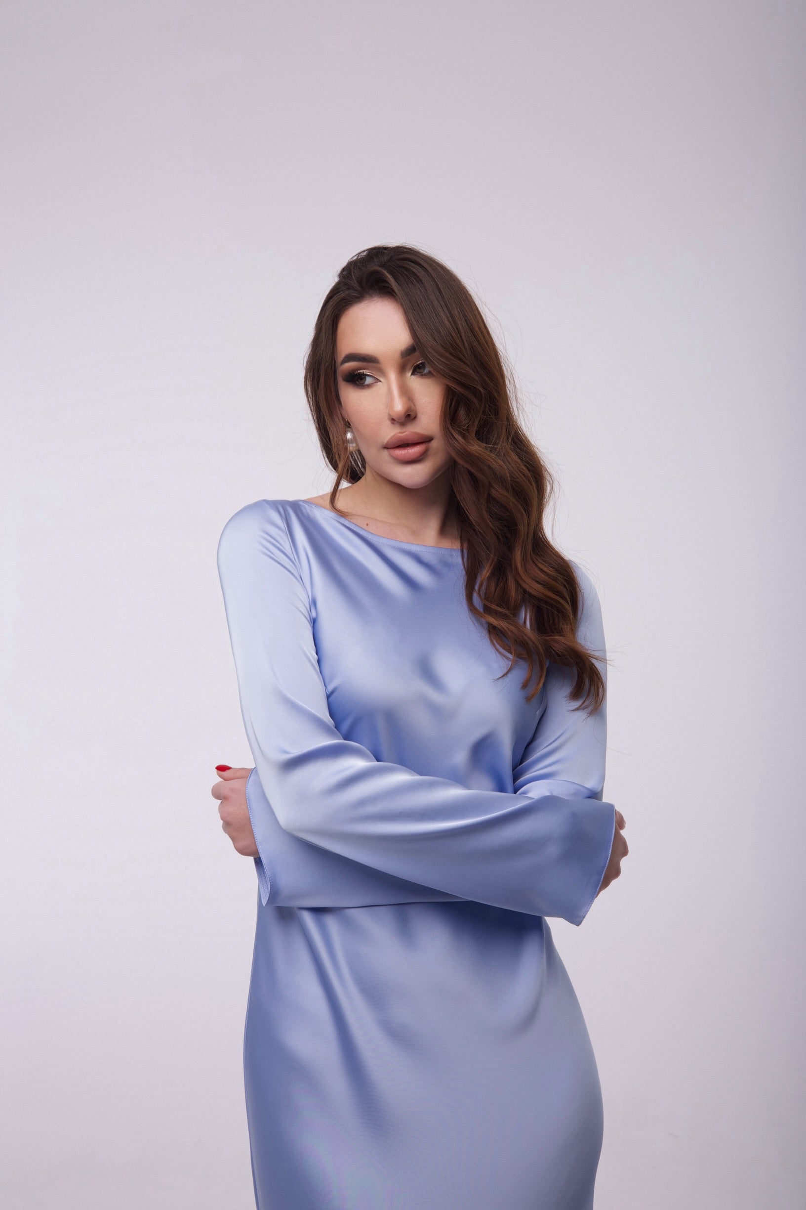 Sky Blue Italian Satin Maxi Dress — Long Sleeve Elegant Evening Dress — Custom Size