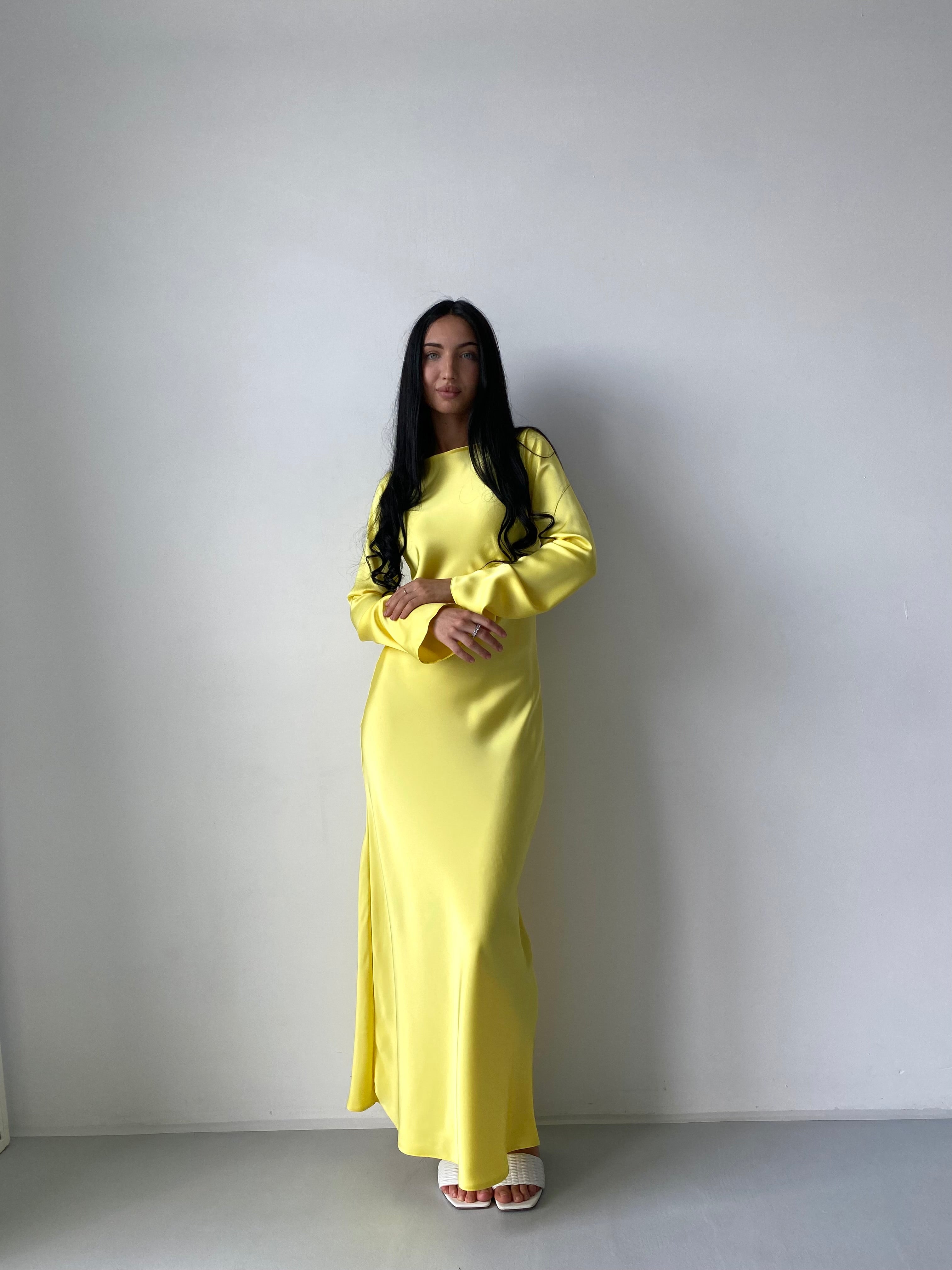 Yellow Italian Satin Maxi Dress — Long Sleeve Elegant Dress | DiGrosu