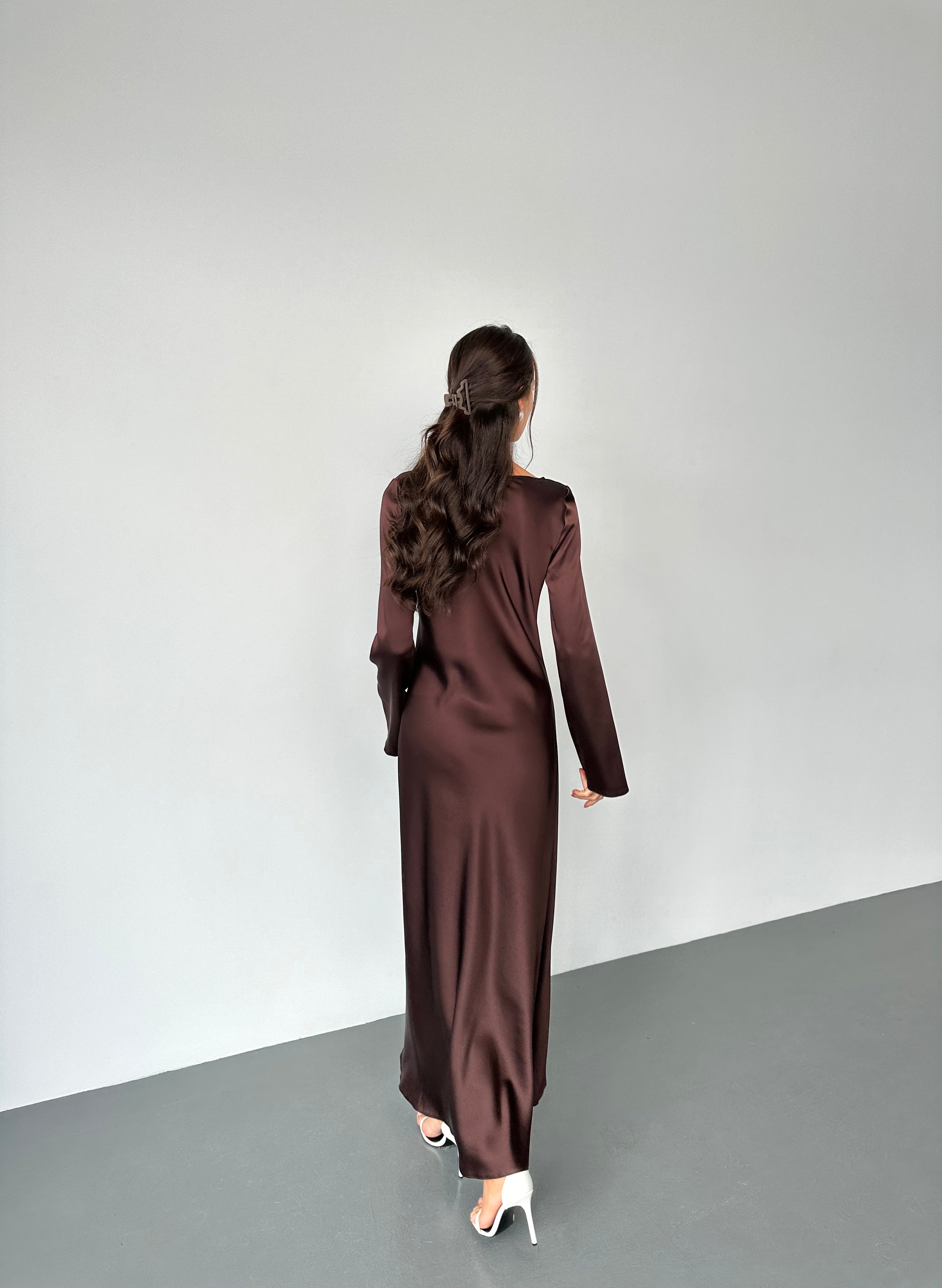 Italian Satin Maxi Dress Long Sleeve • Custom Size • Chocolate Brown