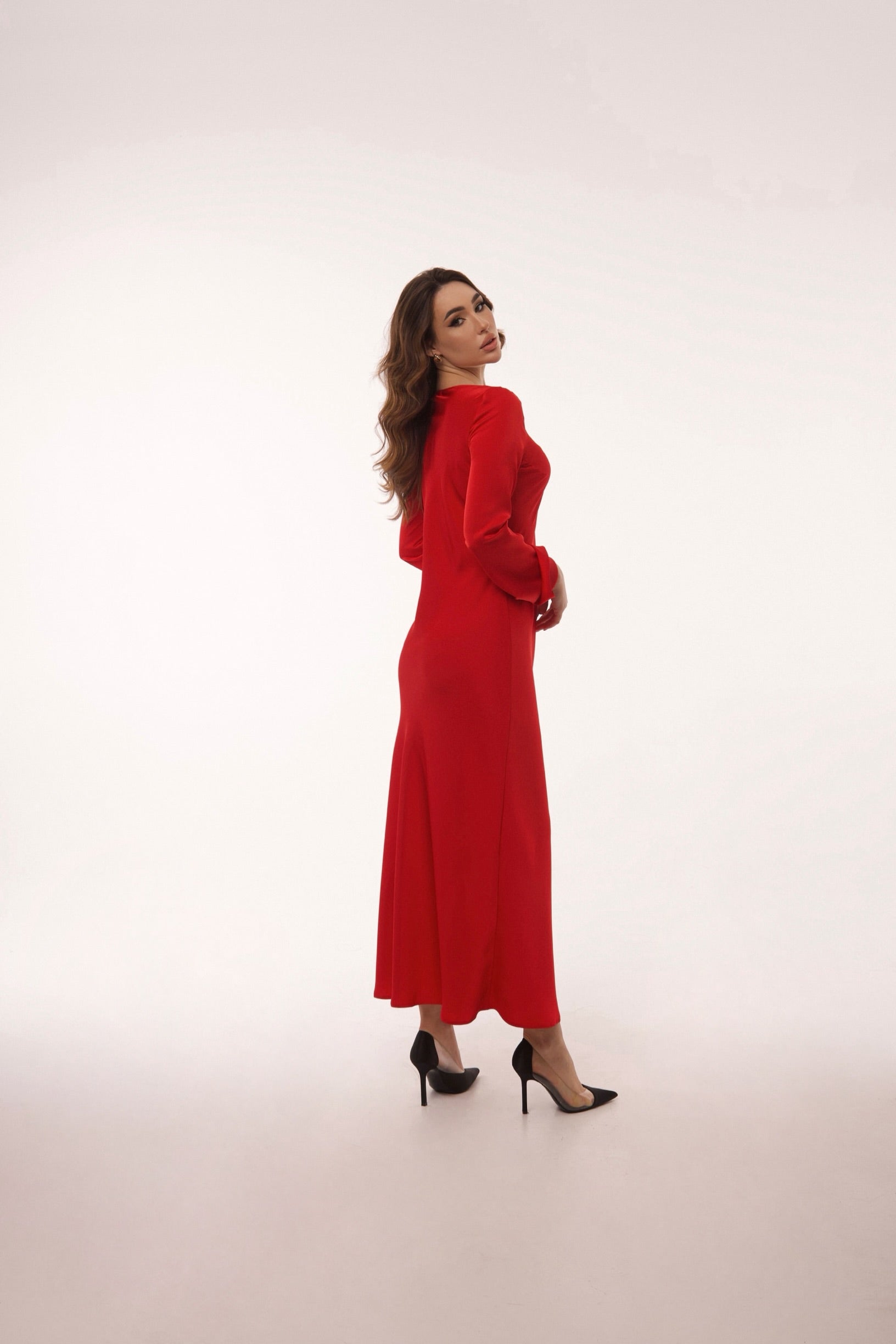 Red Italian Satin Maxi Dress — Long Sleeve — Custom Size