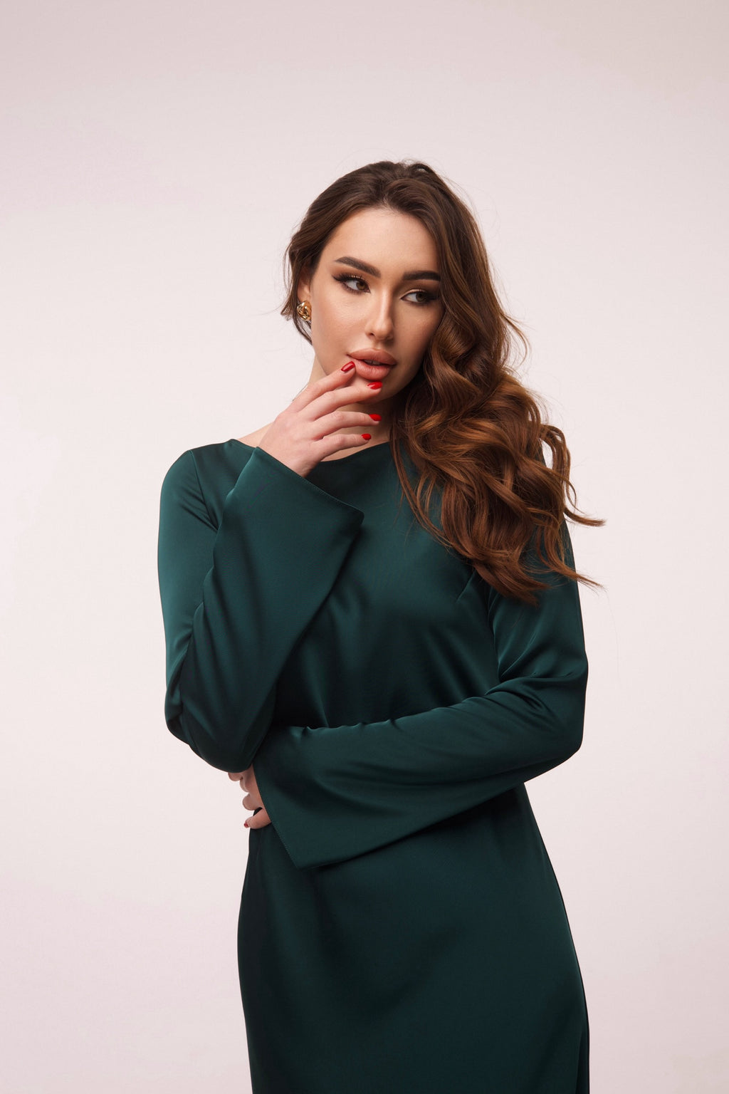 Emerald Italian Satin Maxi Dress — Long Sleeve | Custom Size