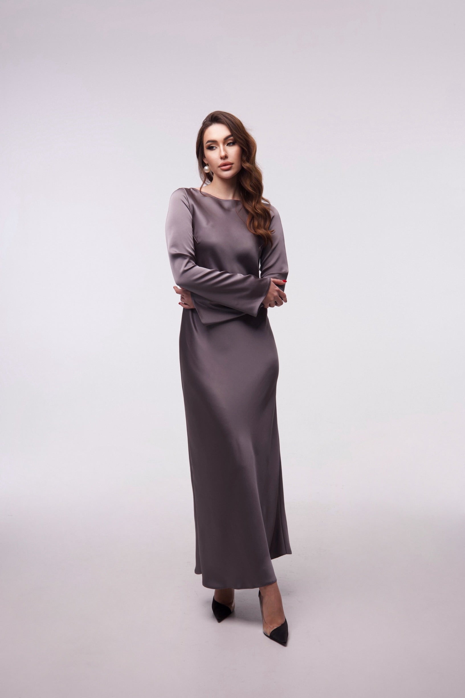 Silver Italian Satin Maxi Dress — Long Sleeve Elegant Evening Dress — Custom Size Satin Gown